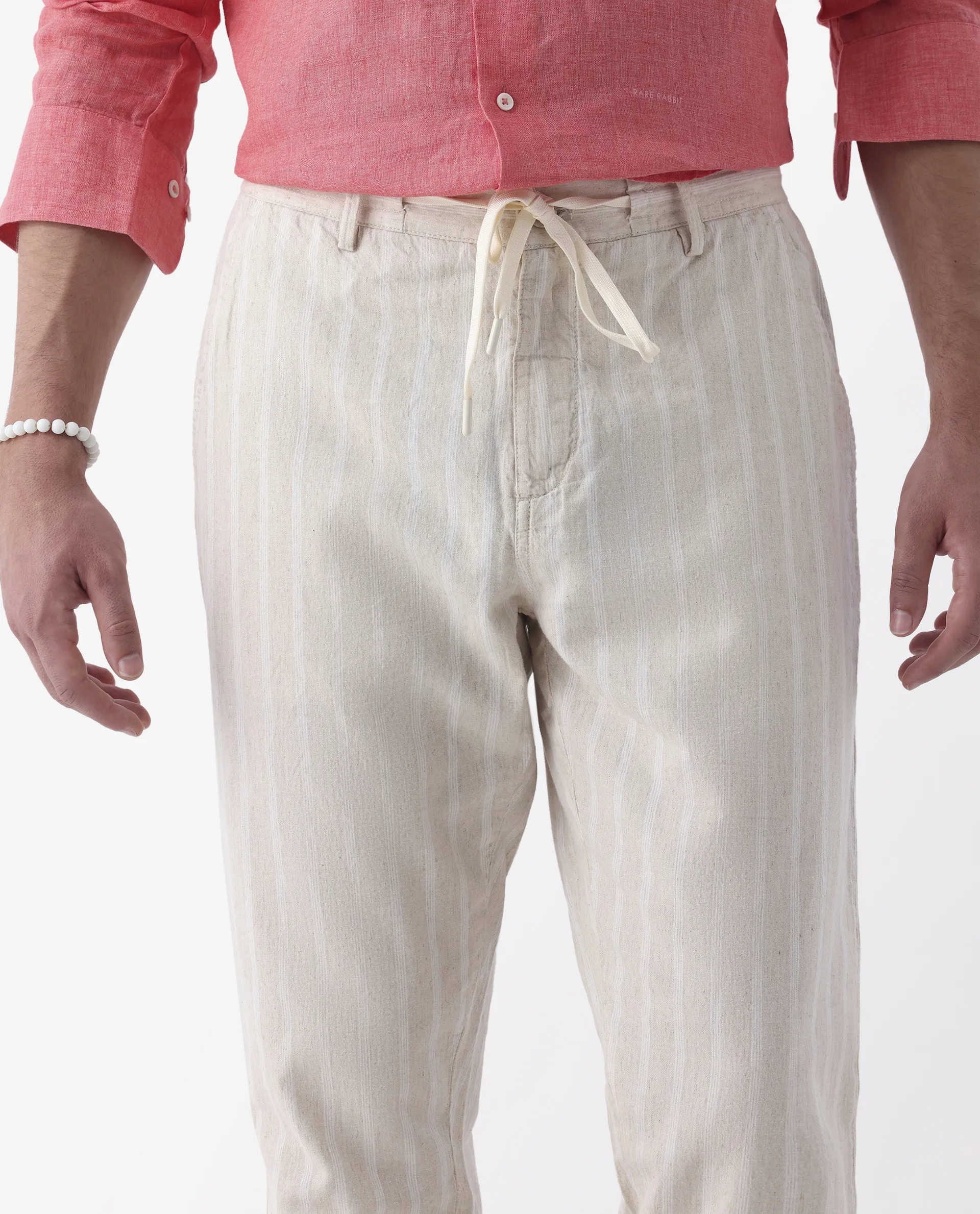 Rare Rabbit Men's Dano Beige Linen Blend Striped Print Regular Fit Trouser - Image 4