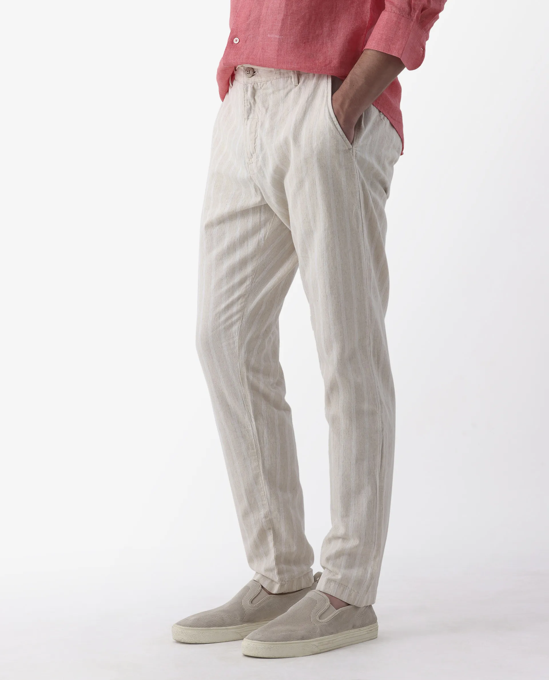 Rare Rabbit Men's Dano Beige Linen Blend Striped Print Regular Fit Trouser - Image 5
