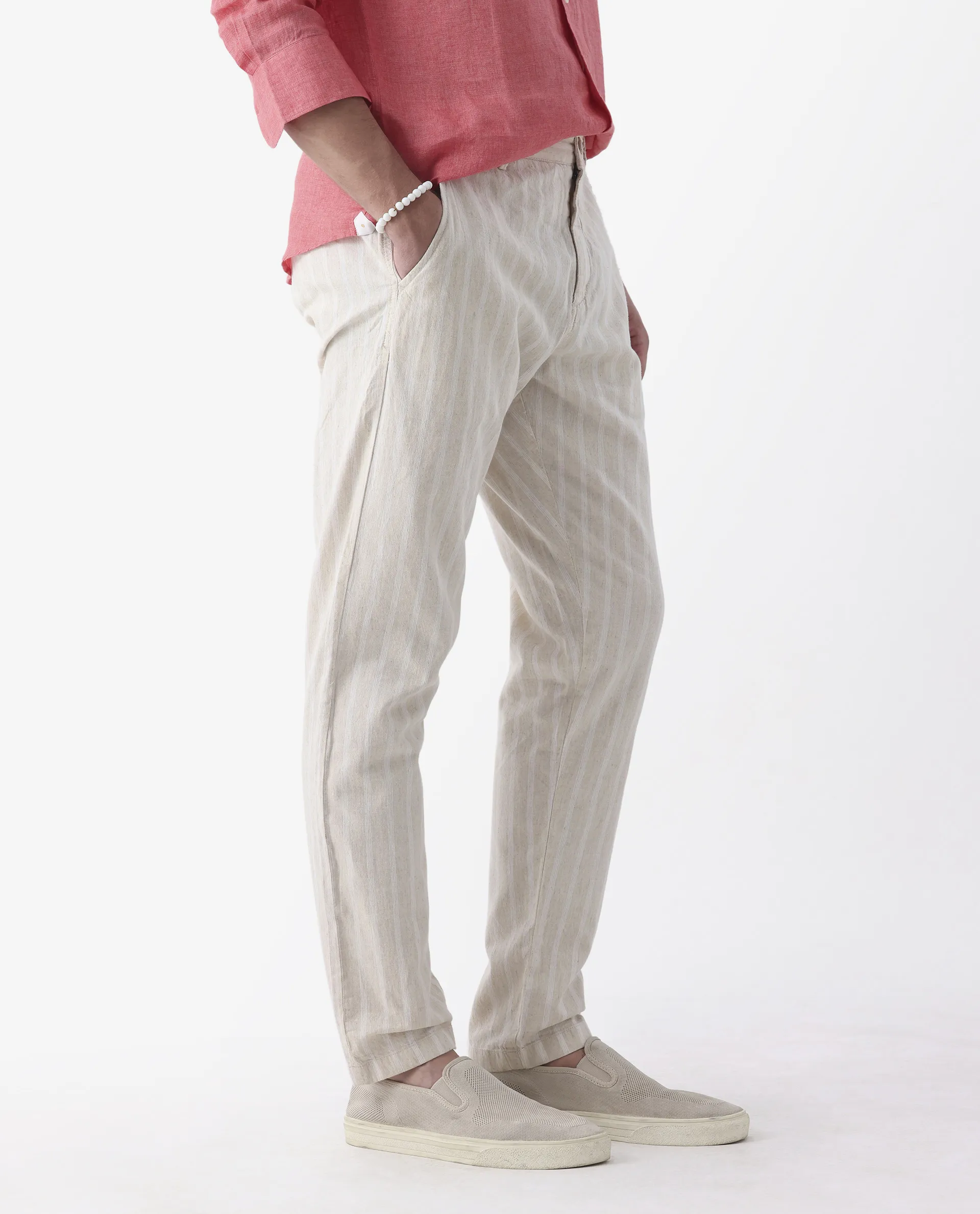 Rare Rabbit Men's Dano Beige Linen Blend Striped Print Regular Fit Trouser - Image 6
