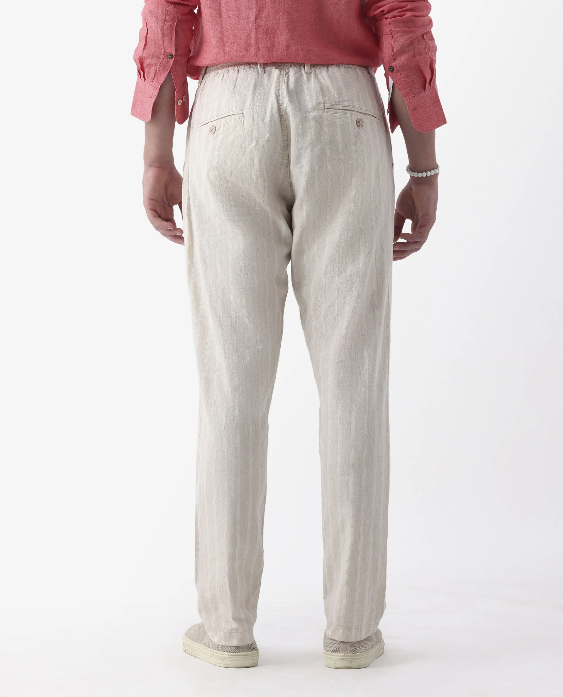 Rare Rabbit Men's Dano Beige Linen Blend Striped Print Regular Fit Trouser - Image 8