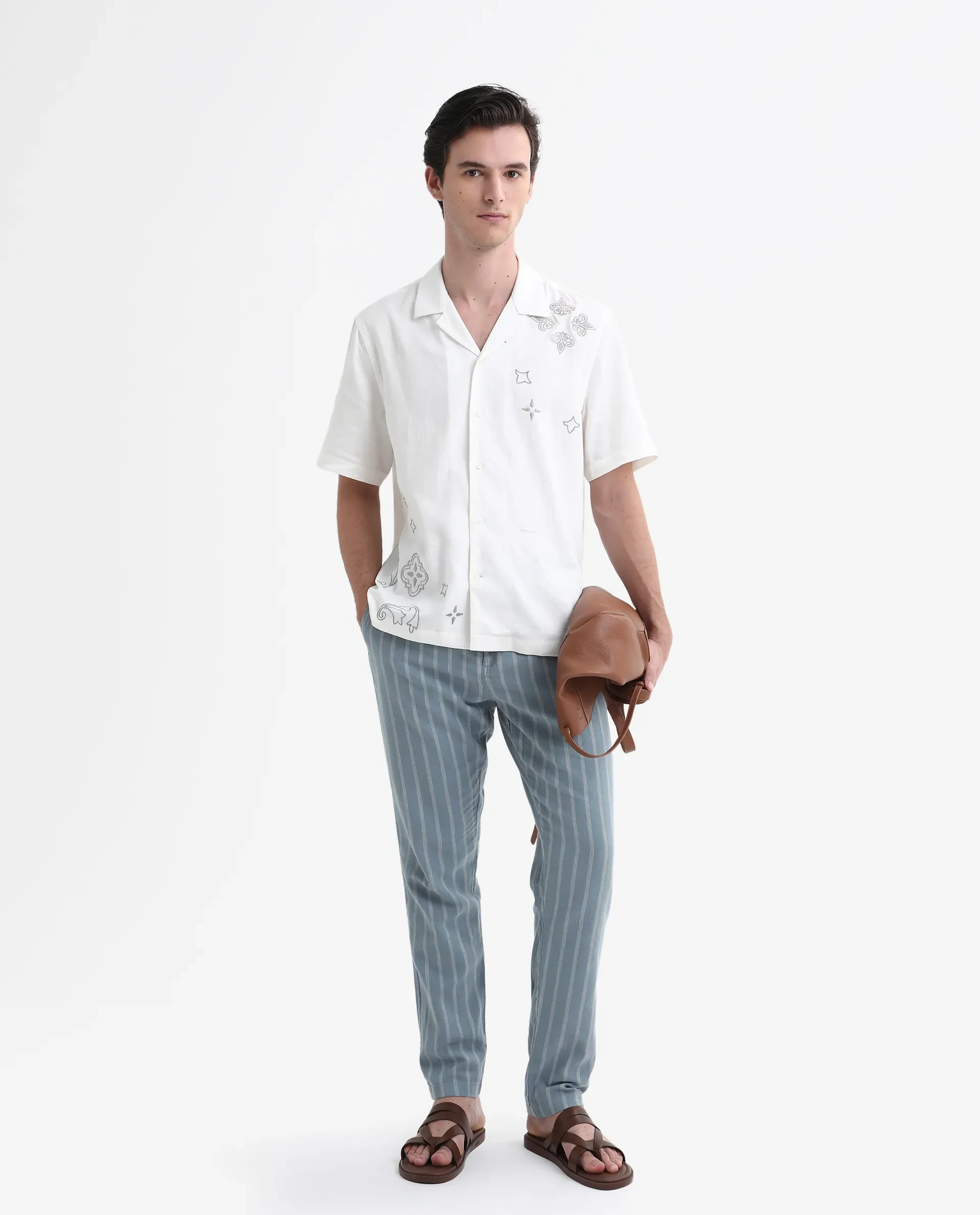 Rare Rabbit Men's Dano Light Blue Linen Blend Striped Print Regular Fit Trouser