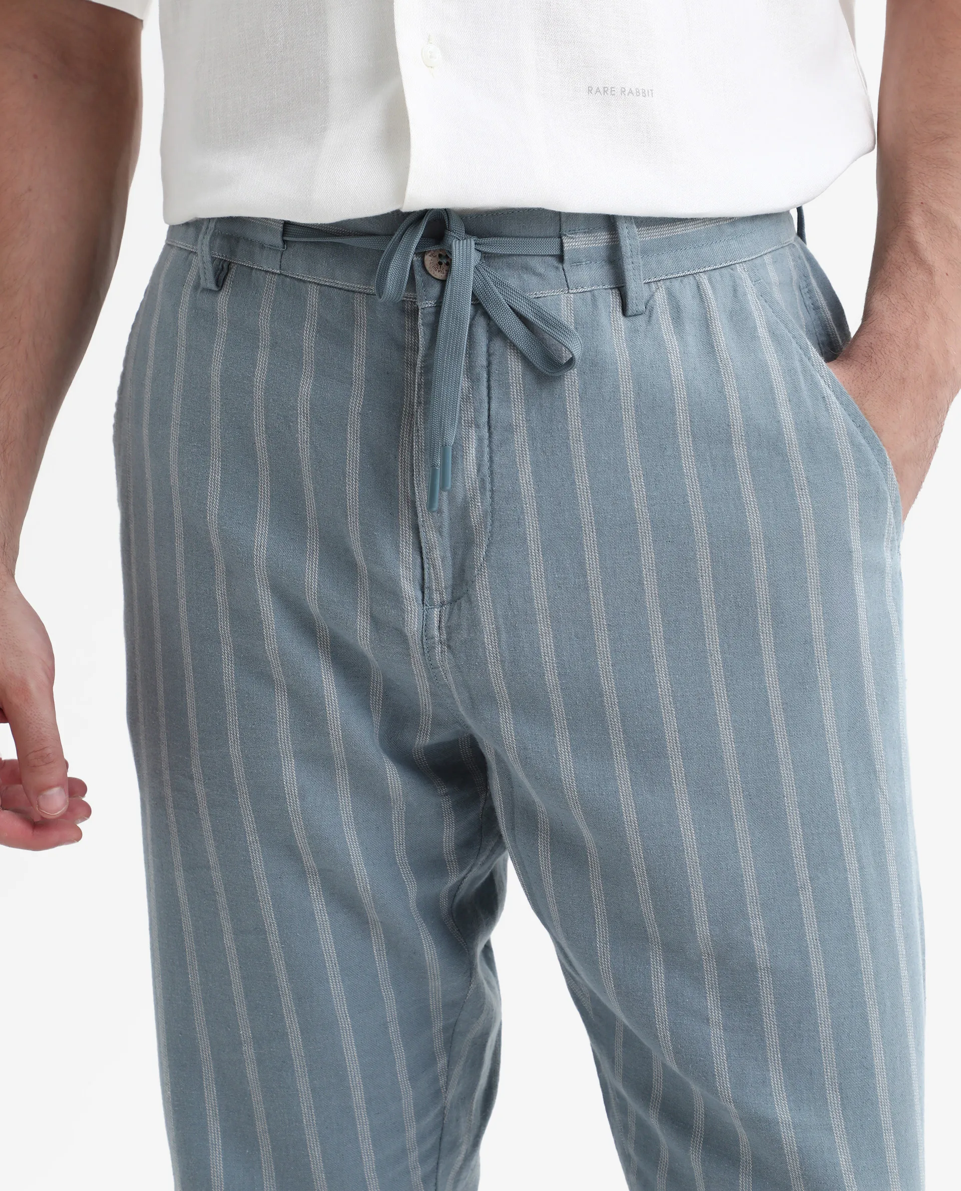 Rare Rabbit Men's Dano Light Blue Linen Blend Striped Print Regular Fit Trouser - Image 2