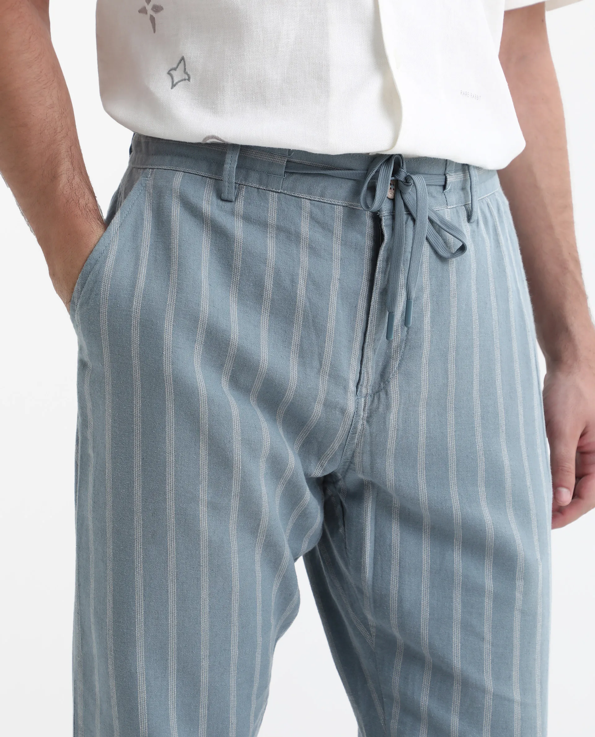 Rare Rabbit Men's Dano Light Blue Linen Blend Striped Print Regular Fit Trouser - Image 3