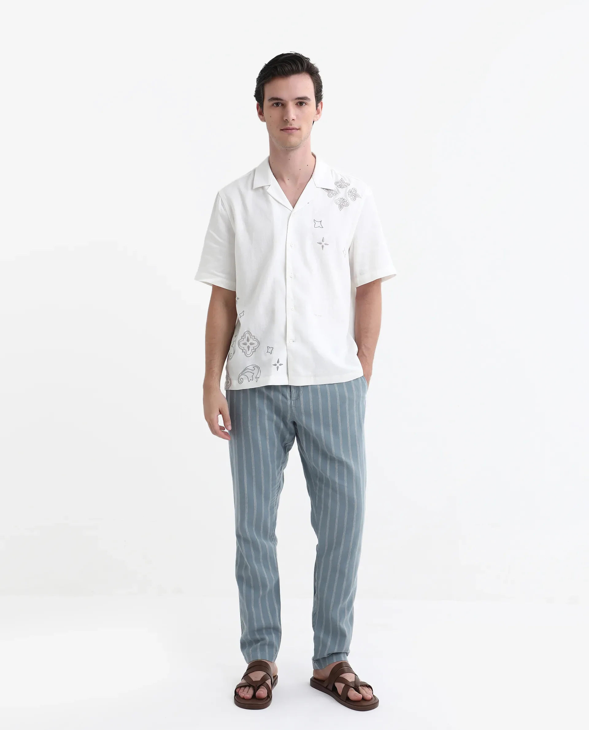 Rare Rabbit Men's Dano Light Blue Linen Blend Striped Print Regular Fit Trouser - Image 4