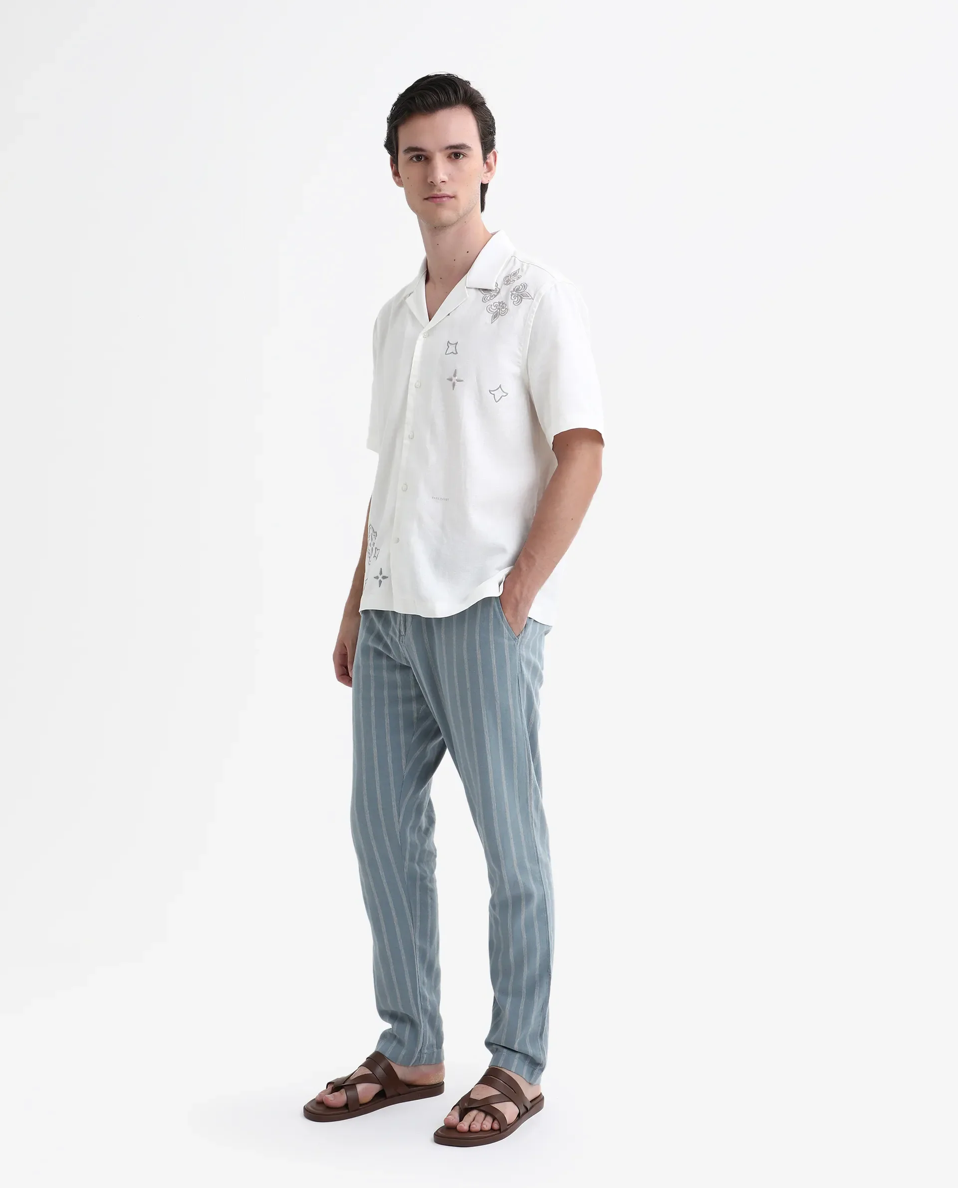 Rare Rabbit Men's Dano Light Blue Linen Blend Striped Print Regular Fit Trouser - Image 5