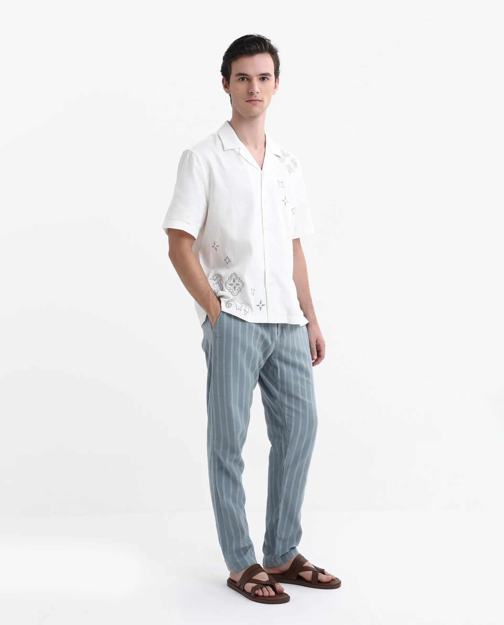 Rare Rabbit Men's Dano Light Blue Linen Blend Striped Print Regular Fit Trouser - Image 6
