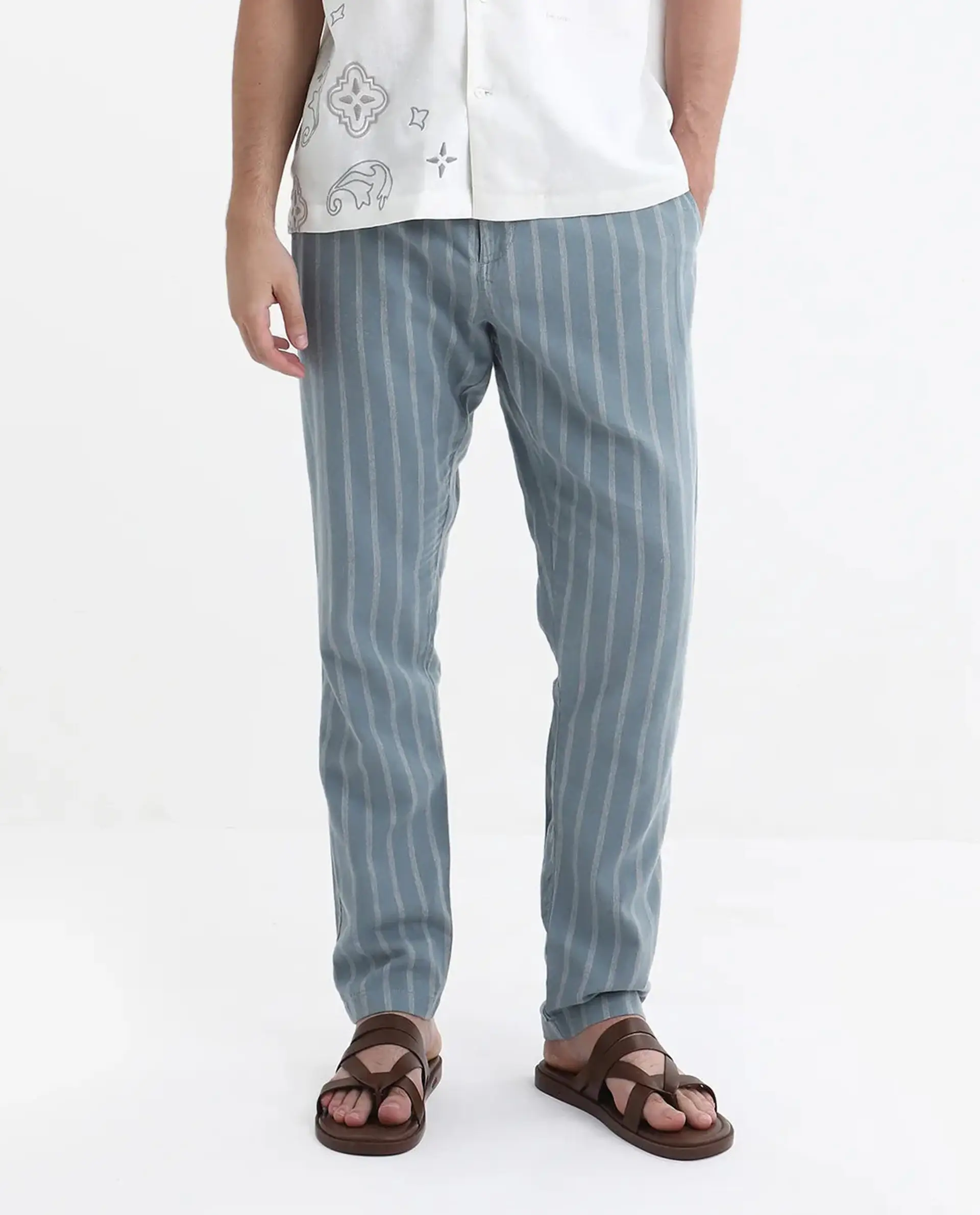 Rare Rabbit Men's Dano Light Blue Linen Blend Striped Print Regular Fit Trouser - Image 8