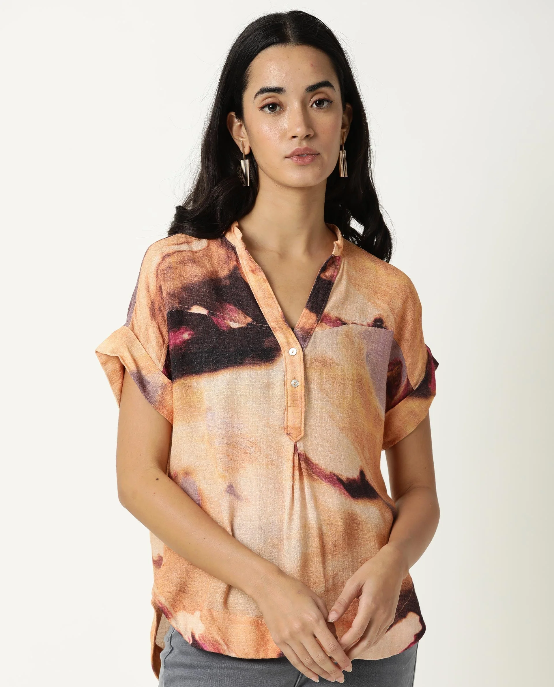 Rareism Womens Dante Orange Top Polyester Fabric Regular Fit No Sleeves Mandarin Neck