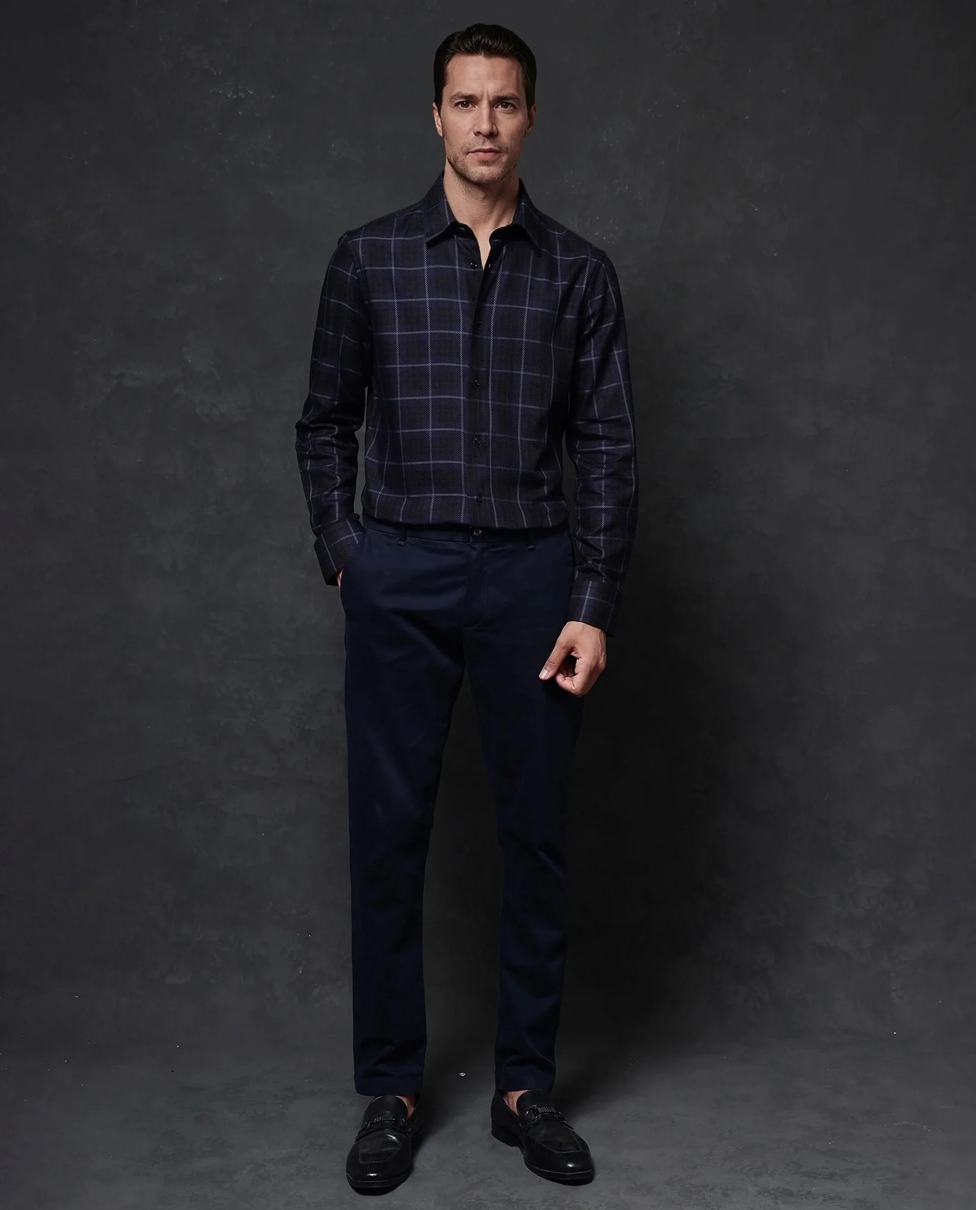 Rare Rabbit Men's Dany Navy Cotton Checked Print Regular Fit Full Sleeve Collared Shirt - Image 2
