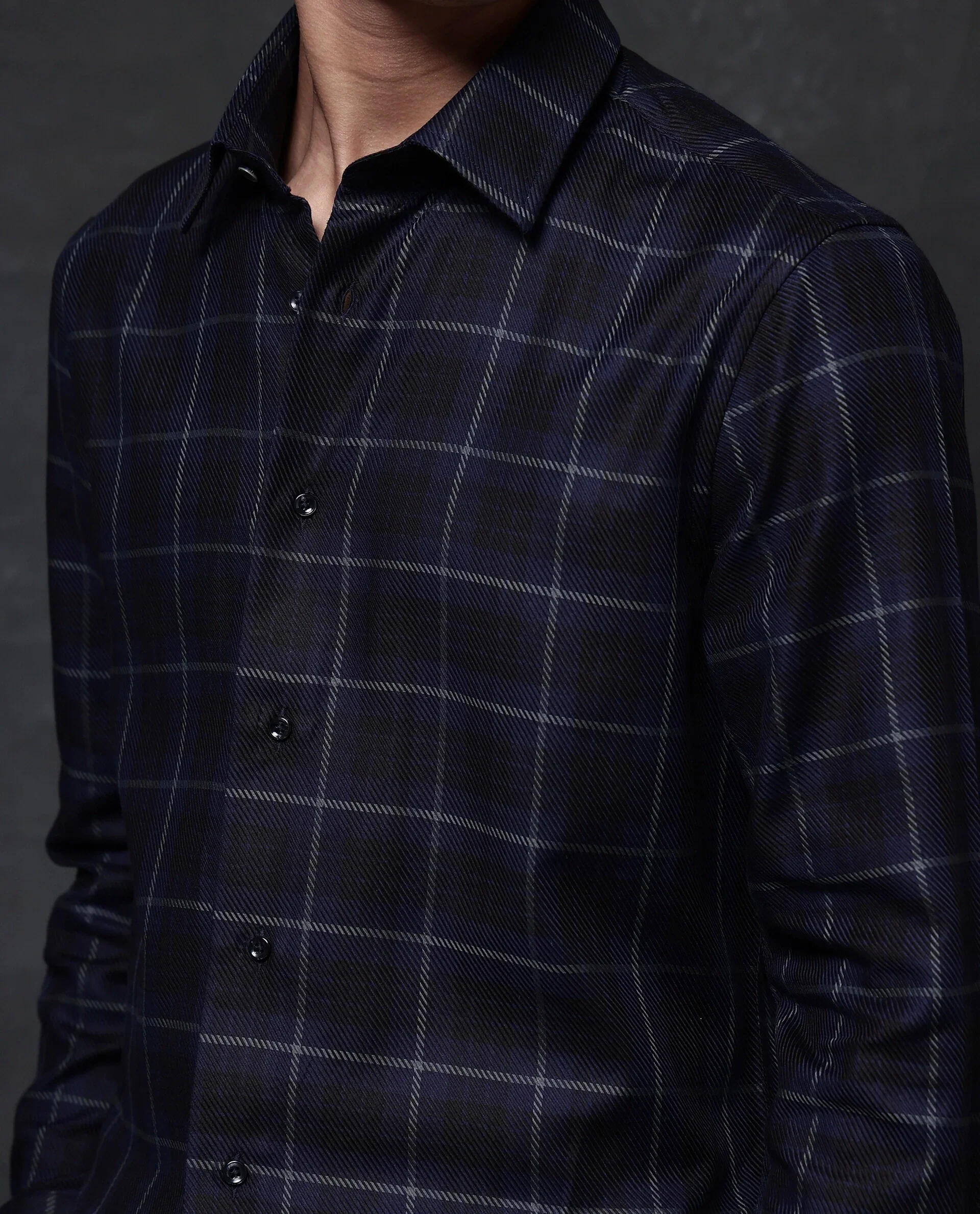 Rare Rabbit Men's Dany Navy Cotton Checked Print Regular Fit Full Sleeve Collared Shirt - Image 3