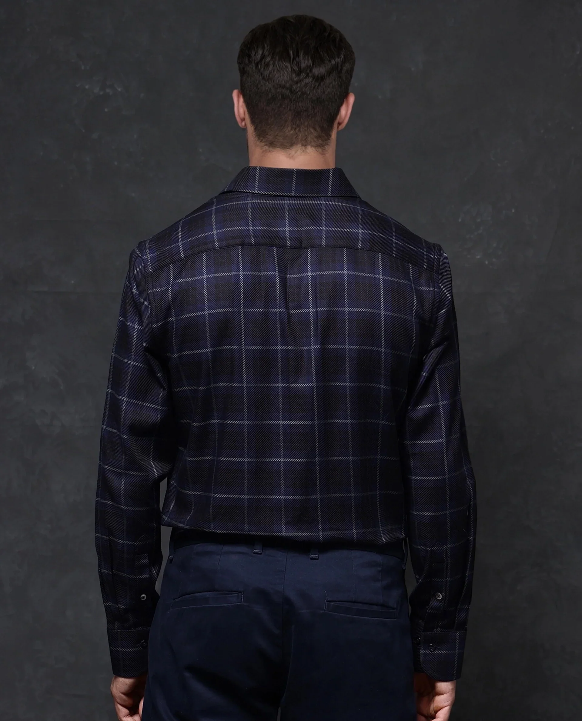 Rare Rabbit Men's Dany Navy Cotton Checked Print Regular Fit Full Sleeve Collared Shirt - Image 4