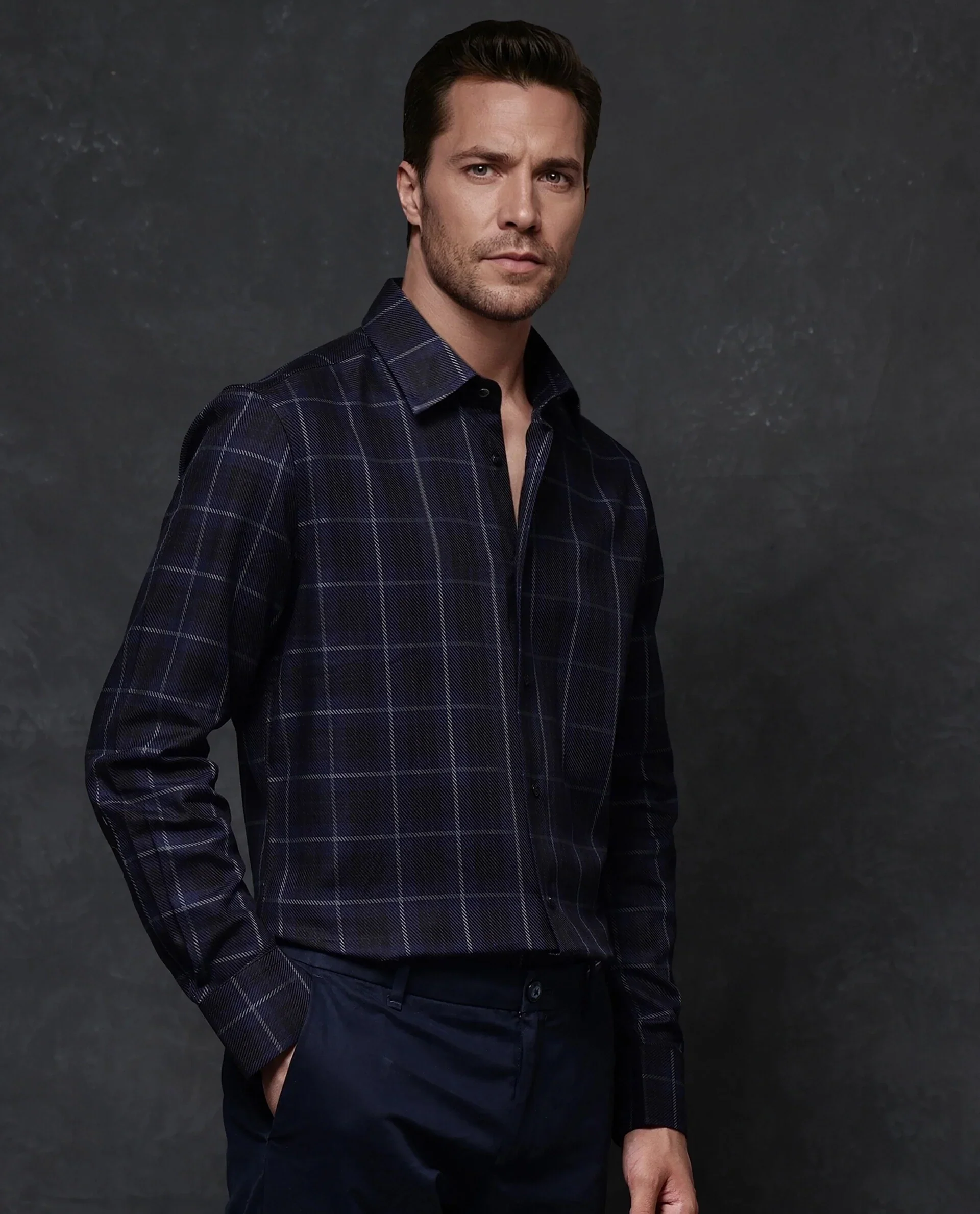 Rare Rabbit Men's Dany Navy Cotton Checked Print Regular Fit Full Sleeve Collared Shirt - Image 5
