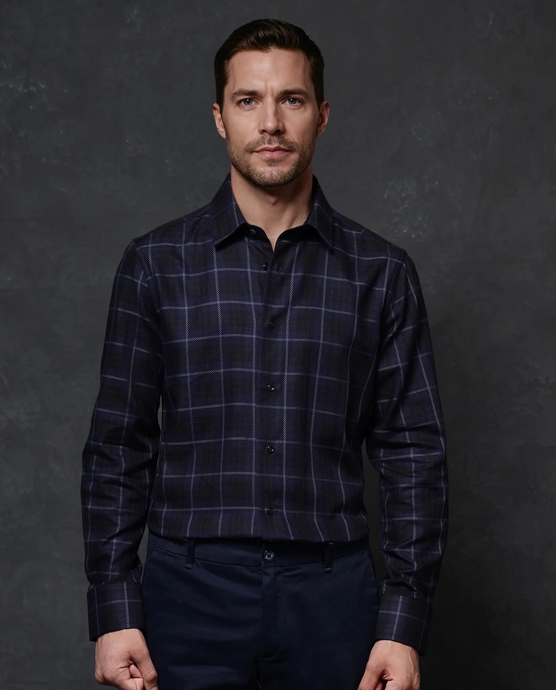 Rare Rabbit Men's Dany Navy Cotton Checked Print Regular Fit Full Sleeve Collared Shirt - Image 7