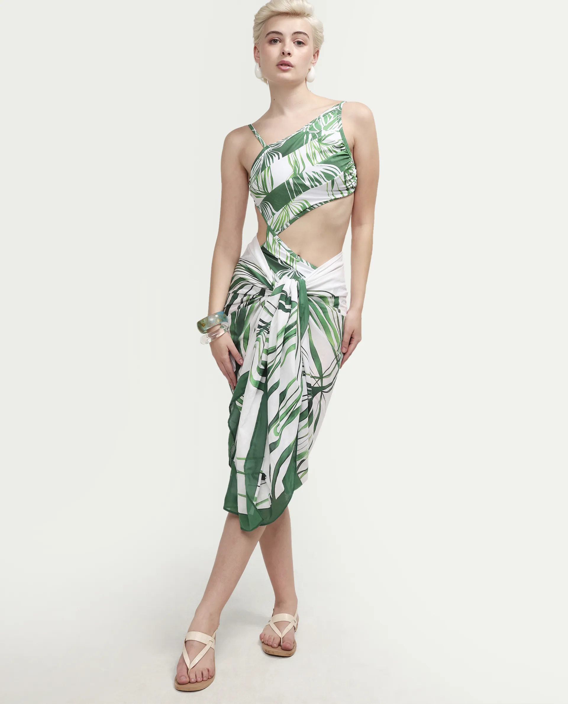 Rareism Women's Daph Green Asymmetric Neck Tropical Print Sleeveless Mini Bodysuit Swimsuit - Image 2