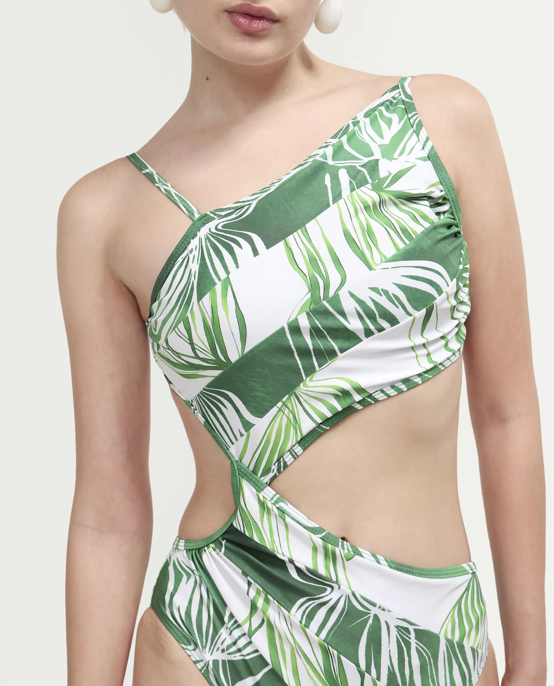 Rareism Women's Daph Green Asymmetric Neck Tropical Print Sleeveless Mini Bodysuit Swimsuit - Image 4