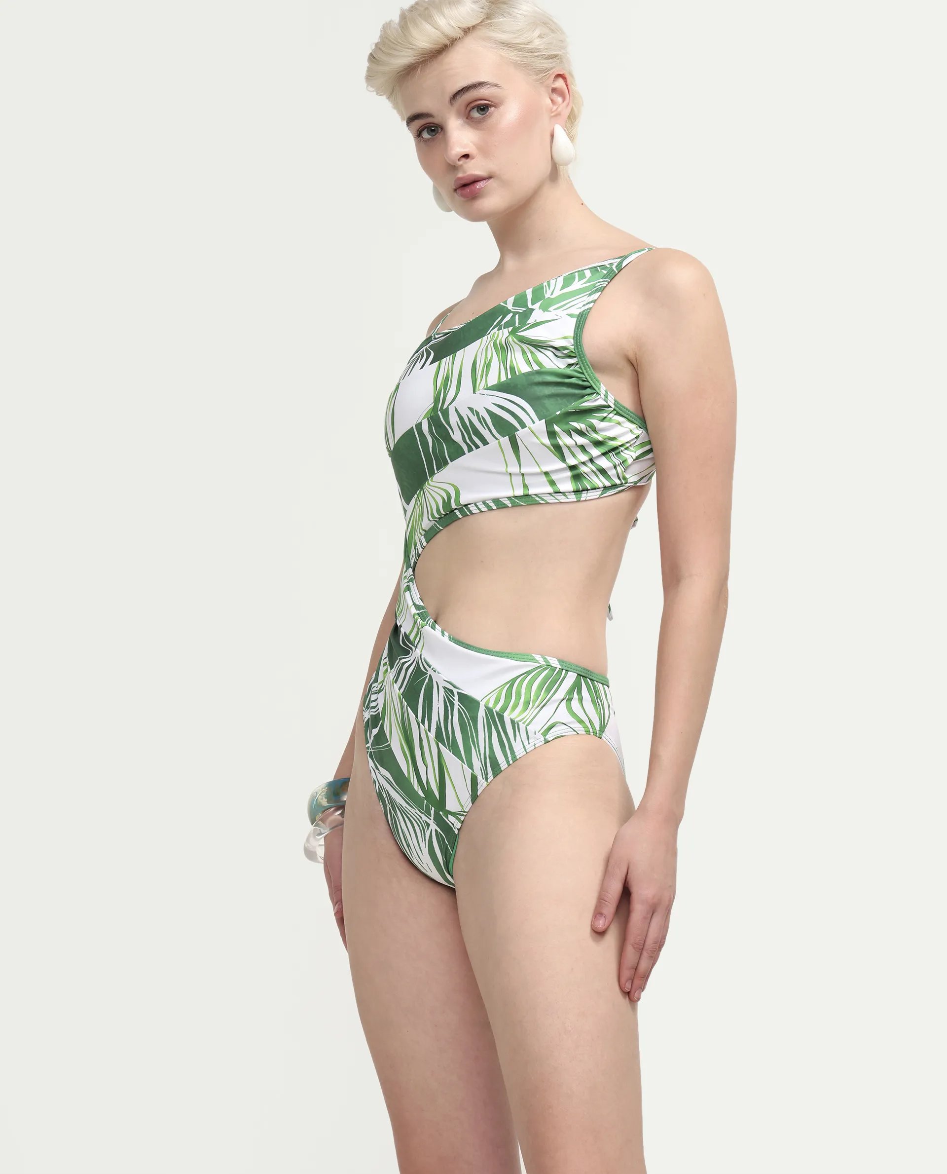 Rareism Women's Daph Green Asymmetric Neck Tropical Print Sleeveless Mini Bodysuit Swimsuit - Image 5