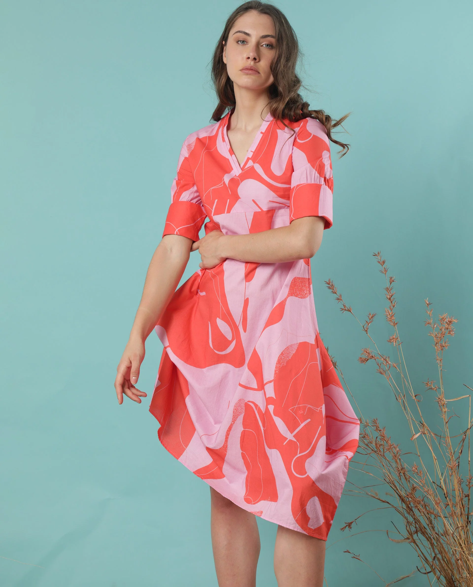 Rareism Women's Daphne Multi Cotton V-Neck Abstract Print Knee Length Regular Fit Dress - Image 4