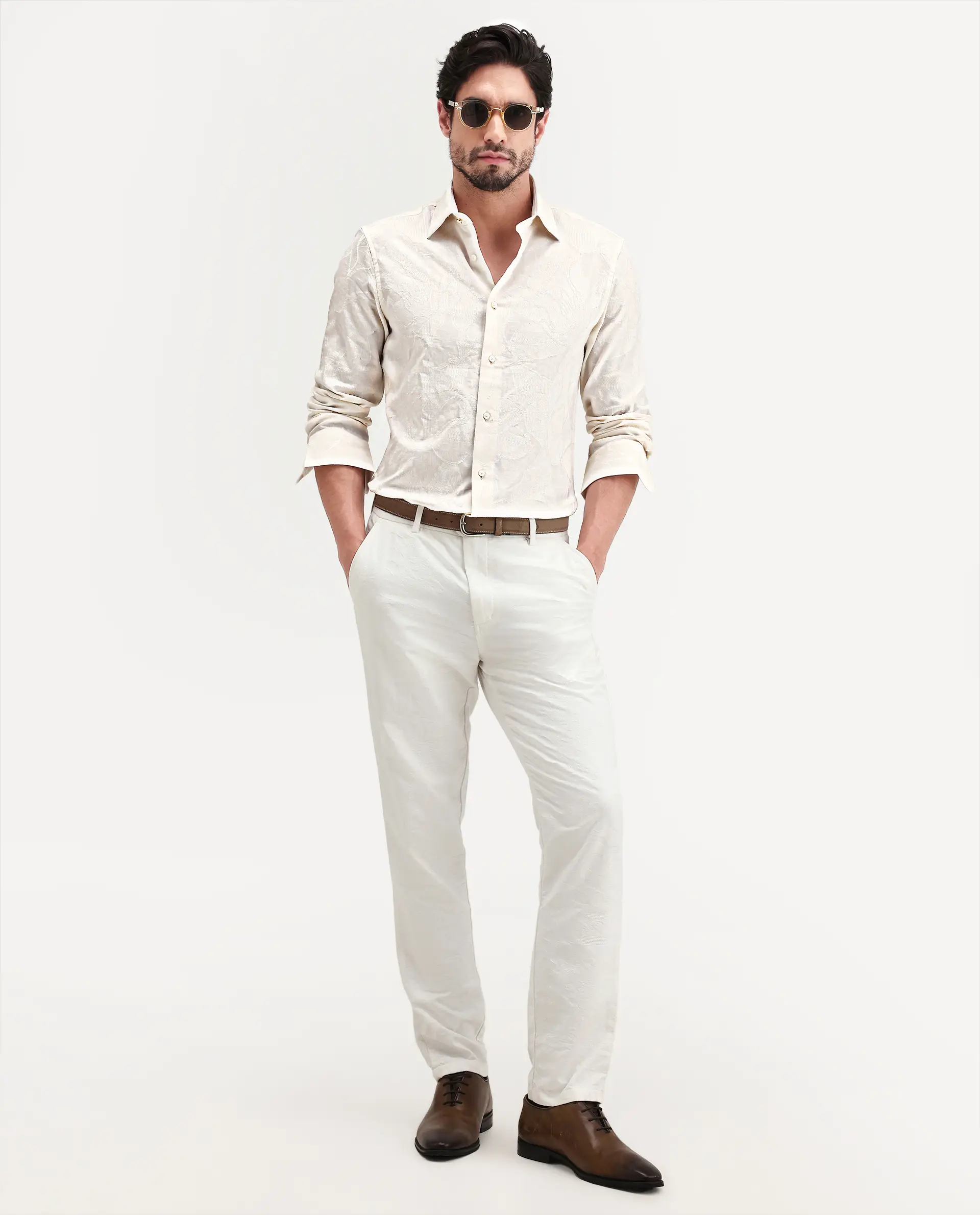 Rare Rabbit Men's Daqo-Ls Off White Cotton Full Sleeve Spread Collar Regular Fit Jacquard Shirt - Image 2