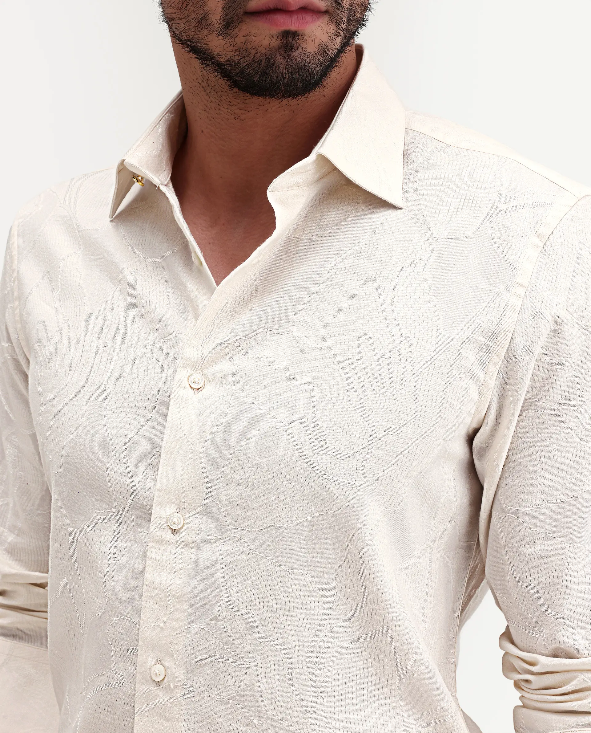Rare Rabbit Men's Daqo-Ls Off White Cotton Full Sleeve Spread Collar Regular Fit Jacquard Shirt - Image 3