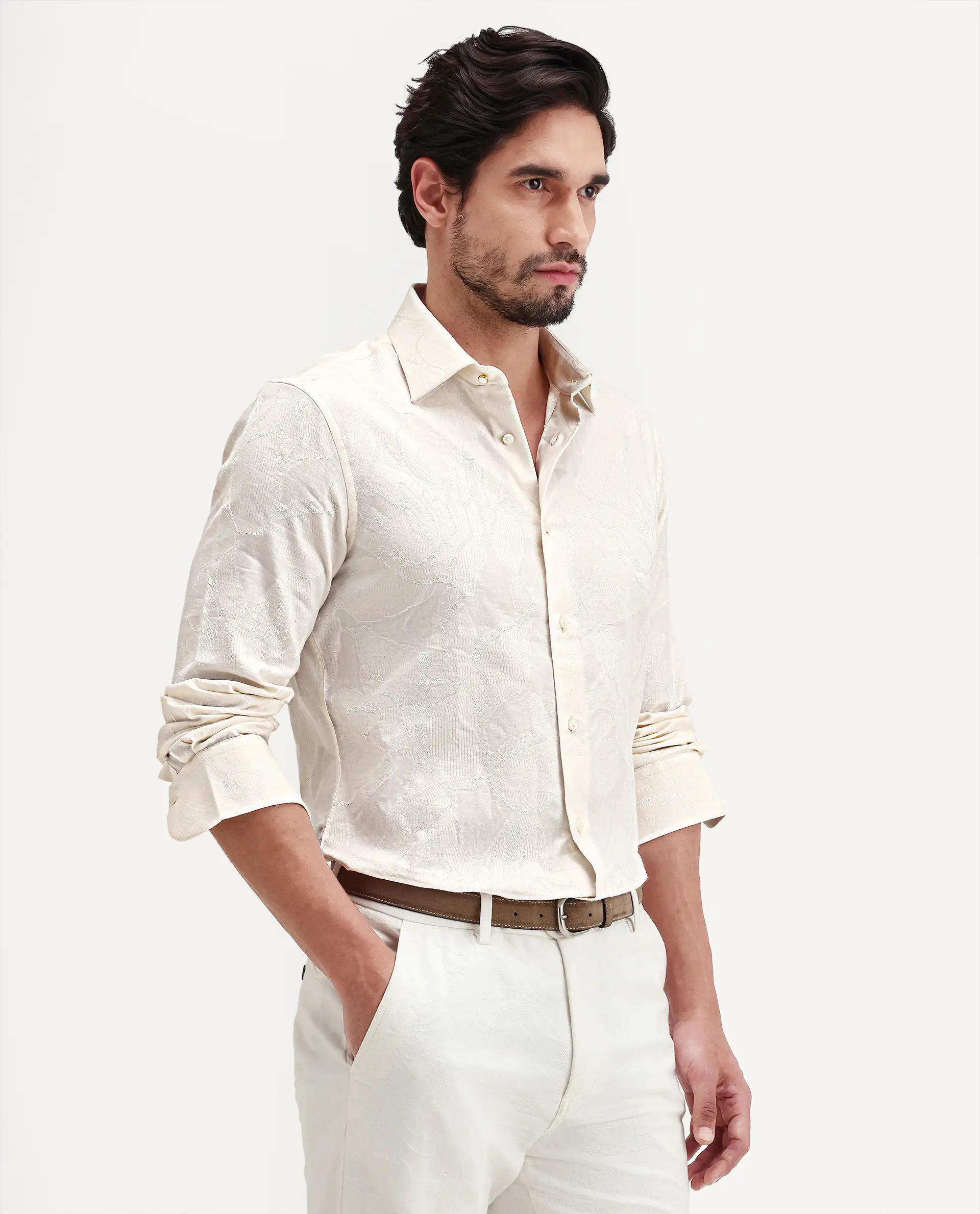 Rare Rabbit Men's Daqo-Ls Off White Cotton Full Sleeve Spread Collar Regular Fit Jacquard Shirt - Image 4