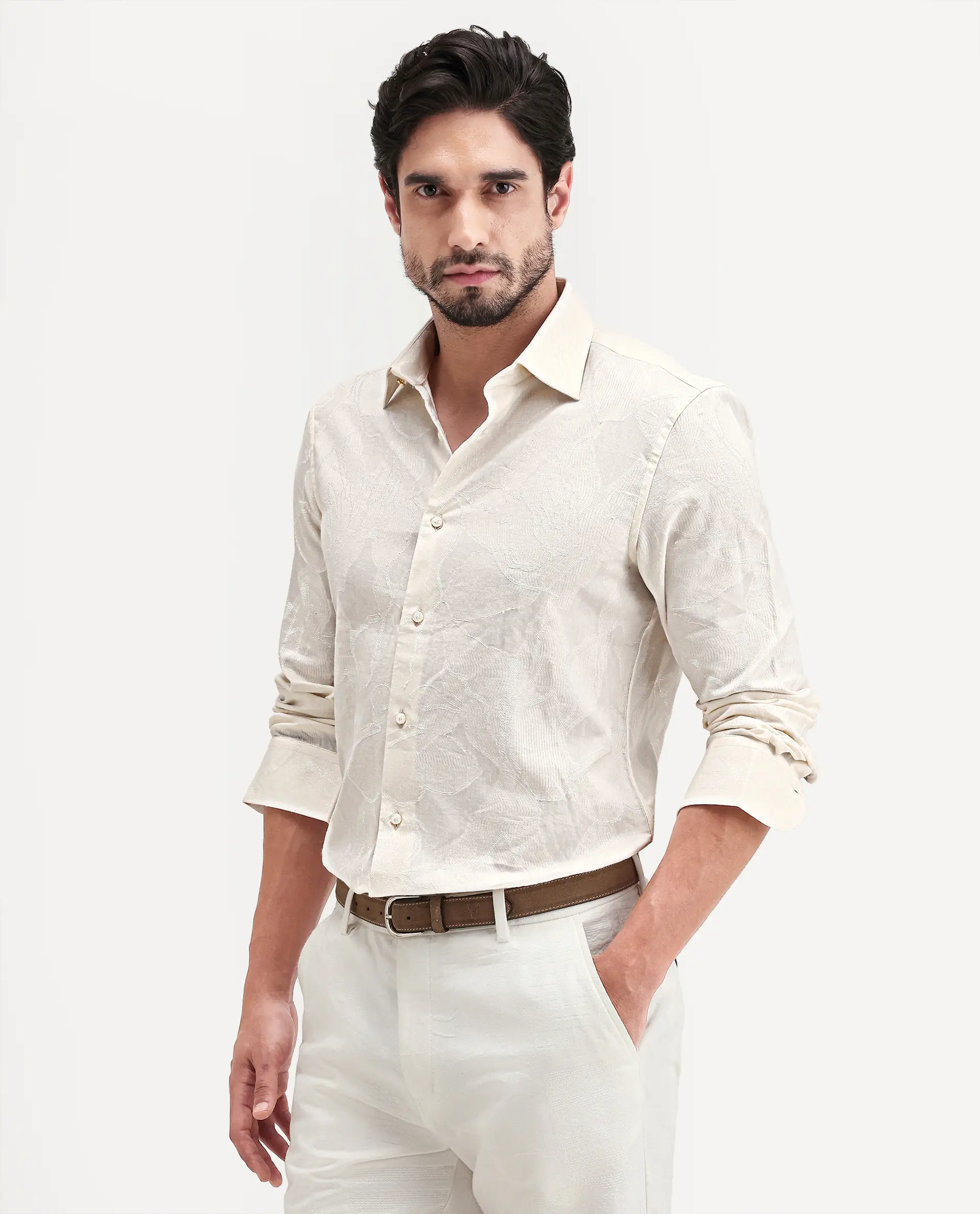 Rare Rabbit Men's Daqo-Ls Off White Cotton Full Sleeve Spread Collar Regular Fit Jacquard Shirt - Image 5