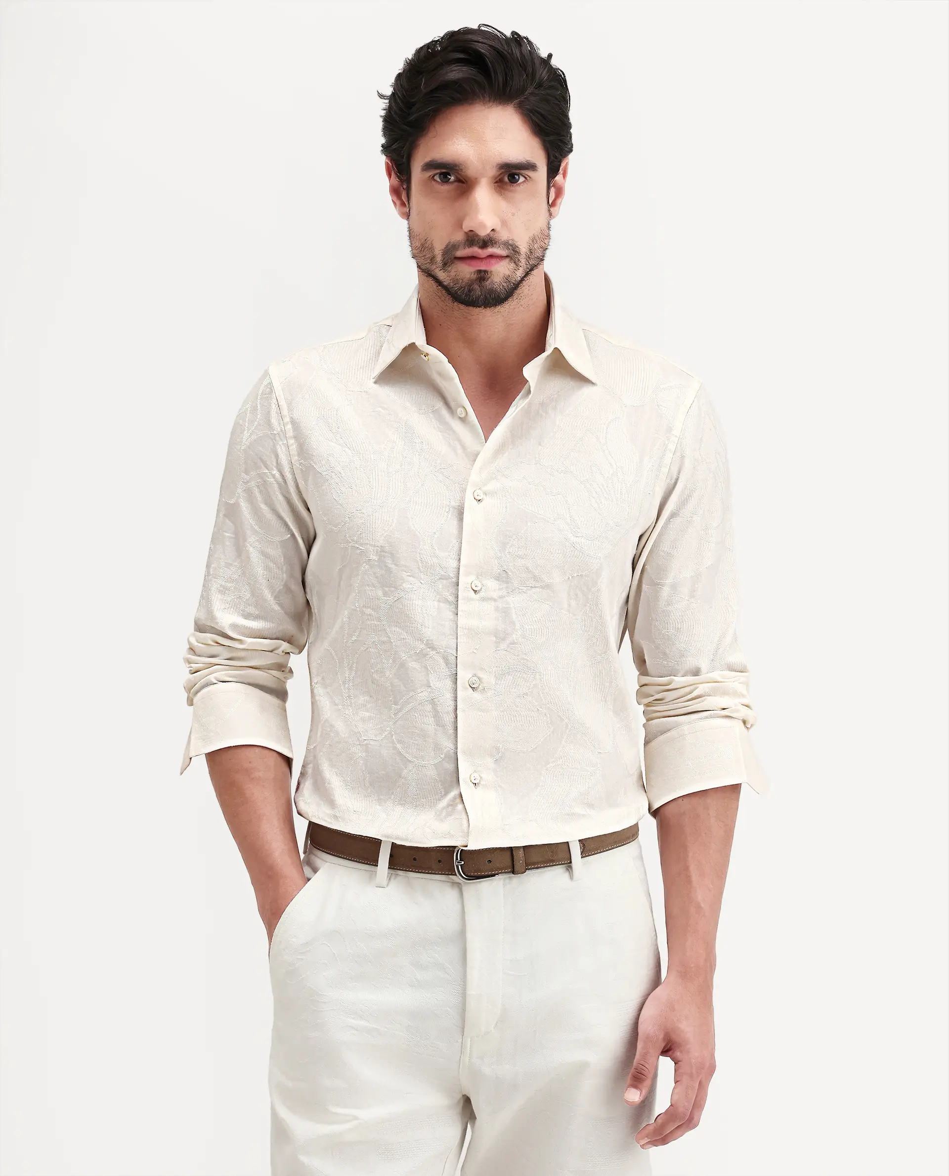 Rare Rabbit Men's Daqo-Ls Off White Cotton Full Sleeve Spread Collar Regular Fit Jacquard Shirt - Image 6