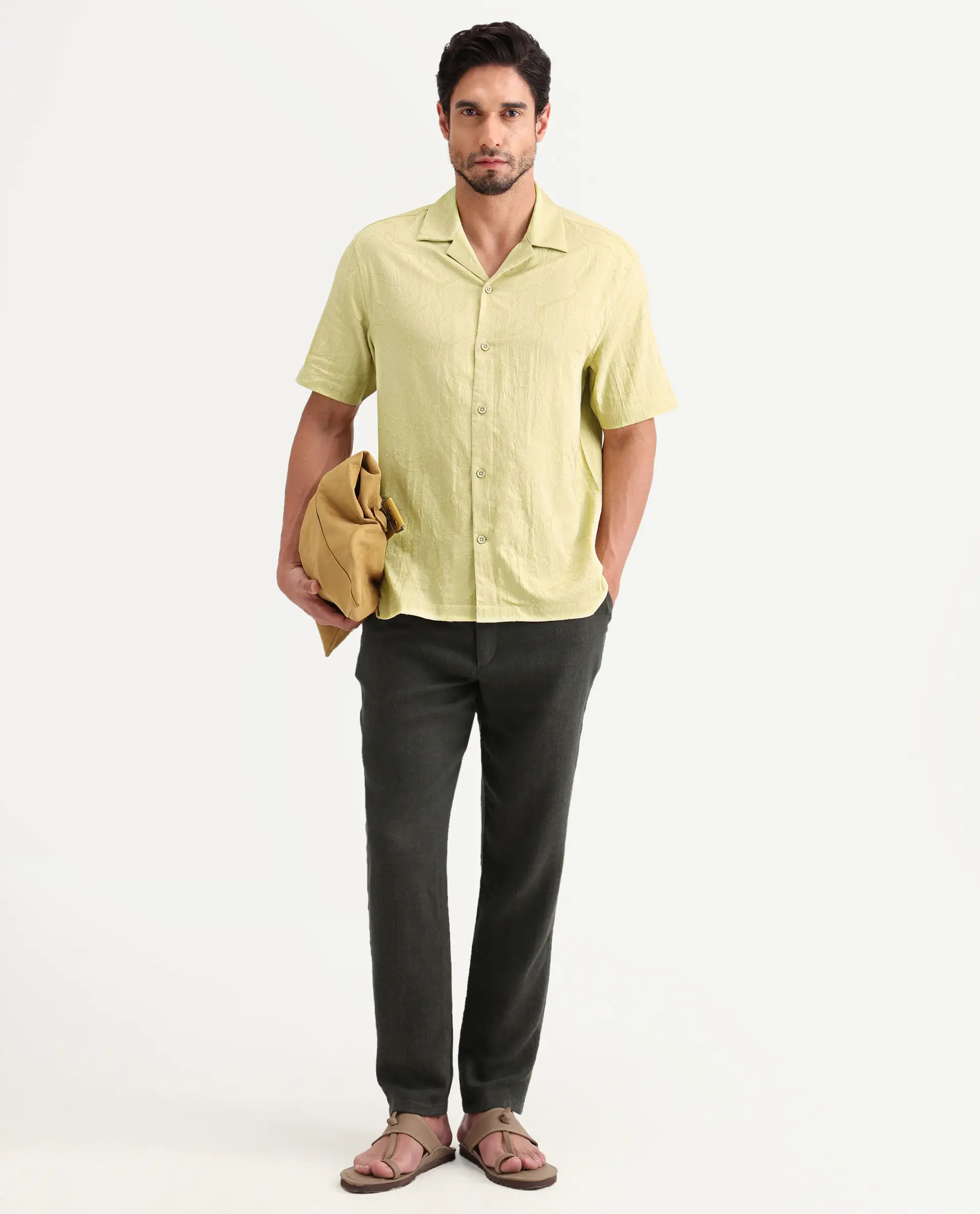 Rare Rabbit Men's Daqo-Ss Flourscent Green Cotton Half Sleeve Cuban Collar Regular Fit Jacquard Shirt - Image 2