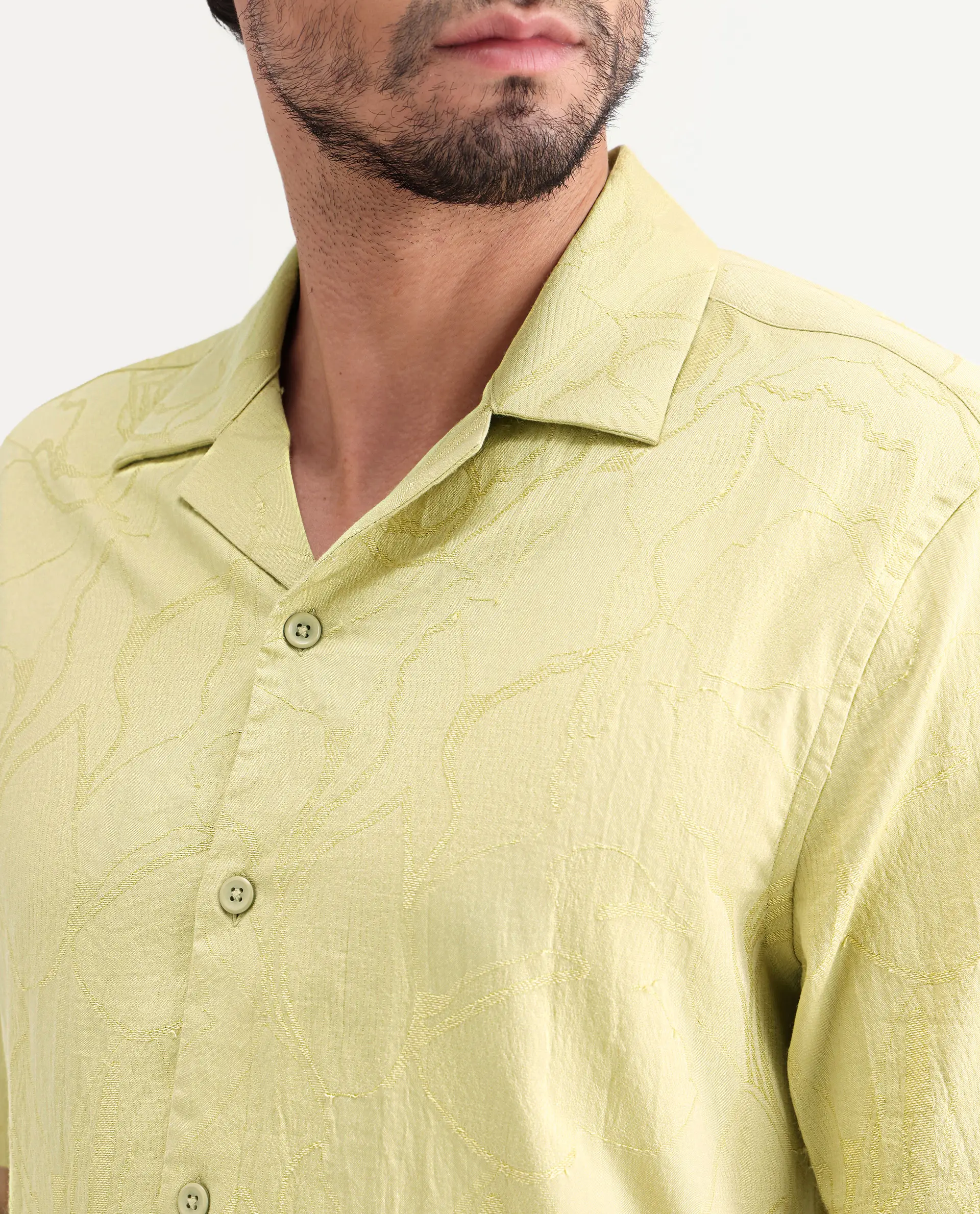 Rare Rabbit Men's Daqo-Ss Flourscent Green Cotton Half Sleeve Cuban Collar Regular Fit Jacquard Shirt - Image 3