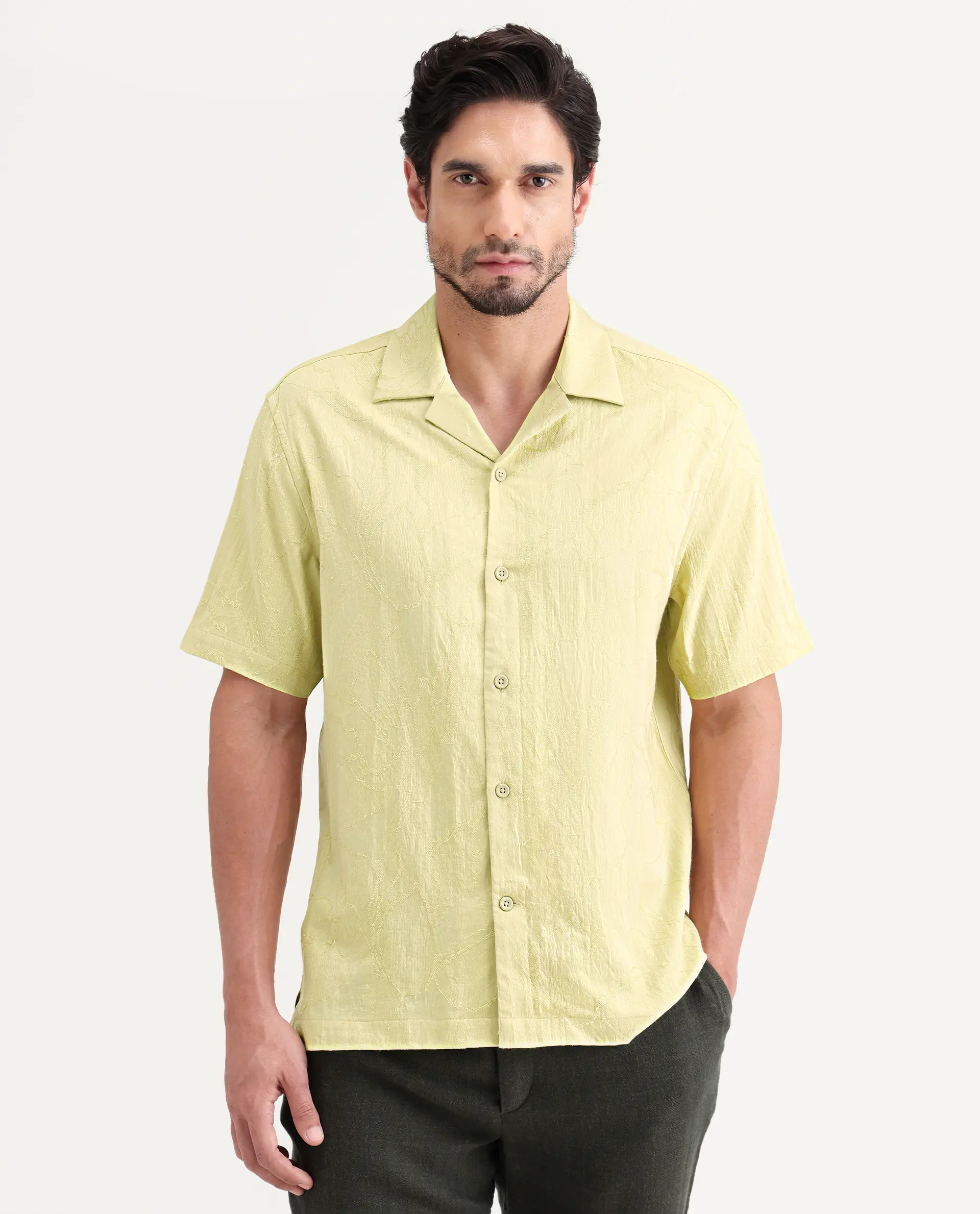Rare Rabbit Men's Daqo-Ss Flourscent Green Cotton Half Sleeve Cuban Collar Regular Fit Jacquard Shirt - Image 4