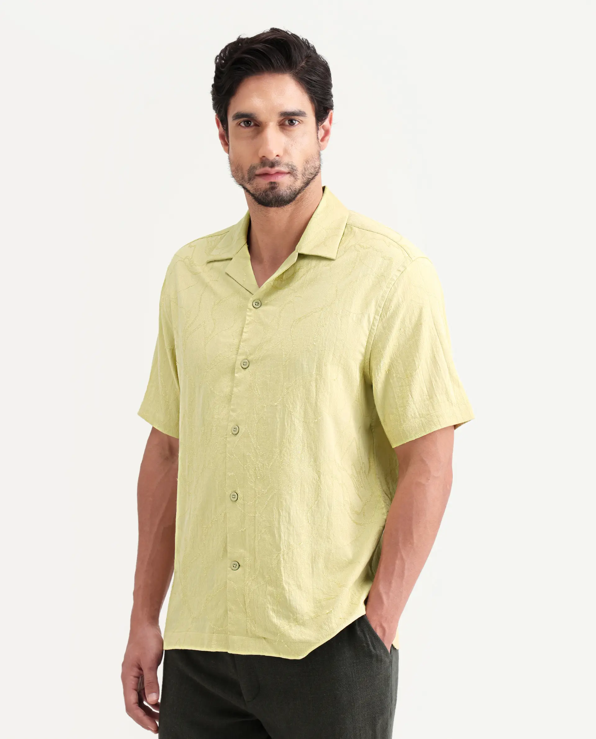 Rare Rabbit Men's Daqo-Ss Flourscent Green Cotton Half Sleeve Cuban Collar Regular Fit Jacquard Shirt - Image 5