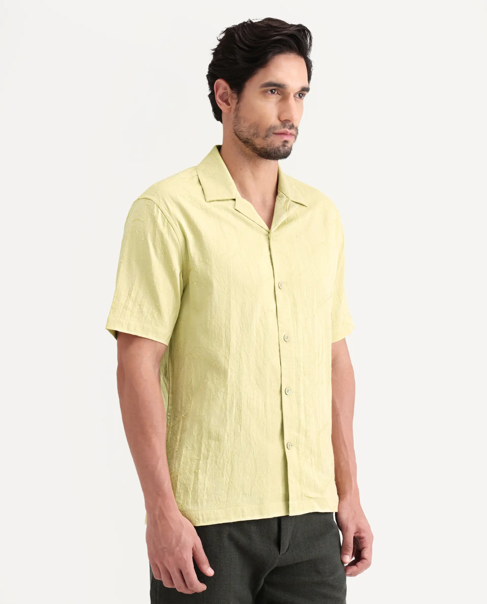Rare Rabbit Men's Daqo-Ss Flourscent Green Cotton Half Sleeve Cuban Collar Regular Fit Jacquard Shirt - Image 6