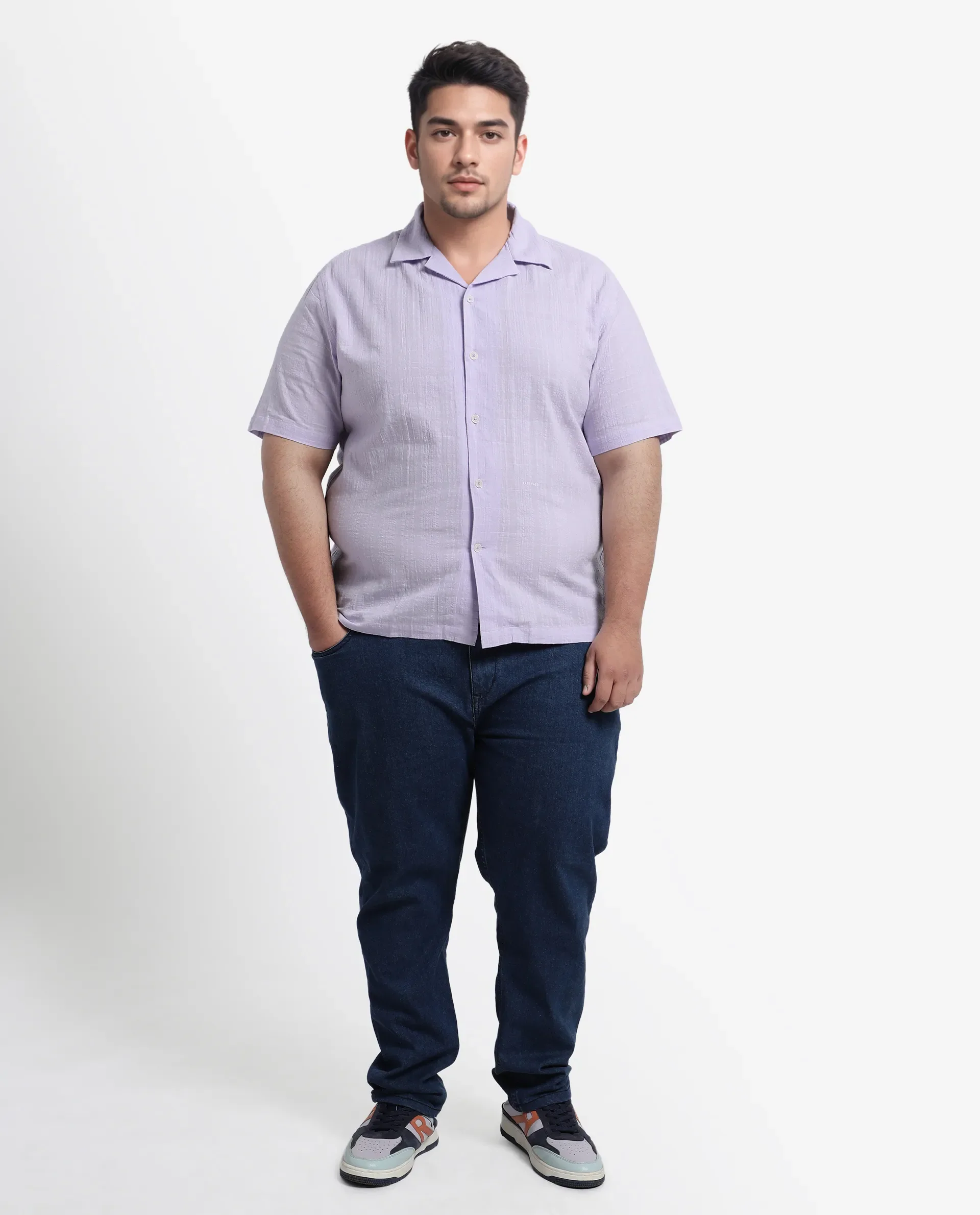 Rare Rabbit Men's Dara-L Pastel Purple Cotton Fabric Half Sleeve Cuban Collar Button Closure Boxy Fit Checked Shirt - Image 2