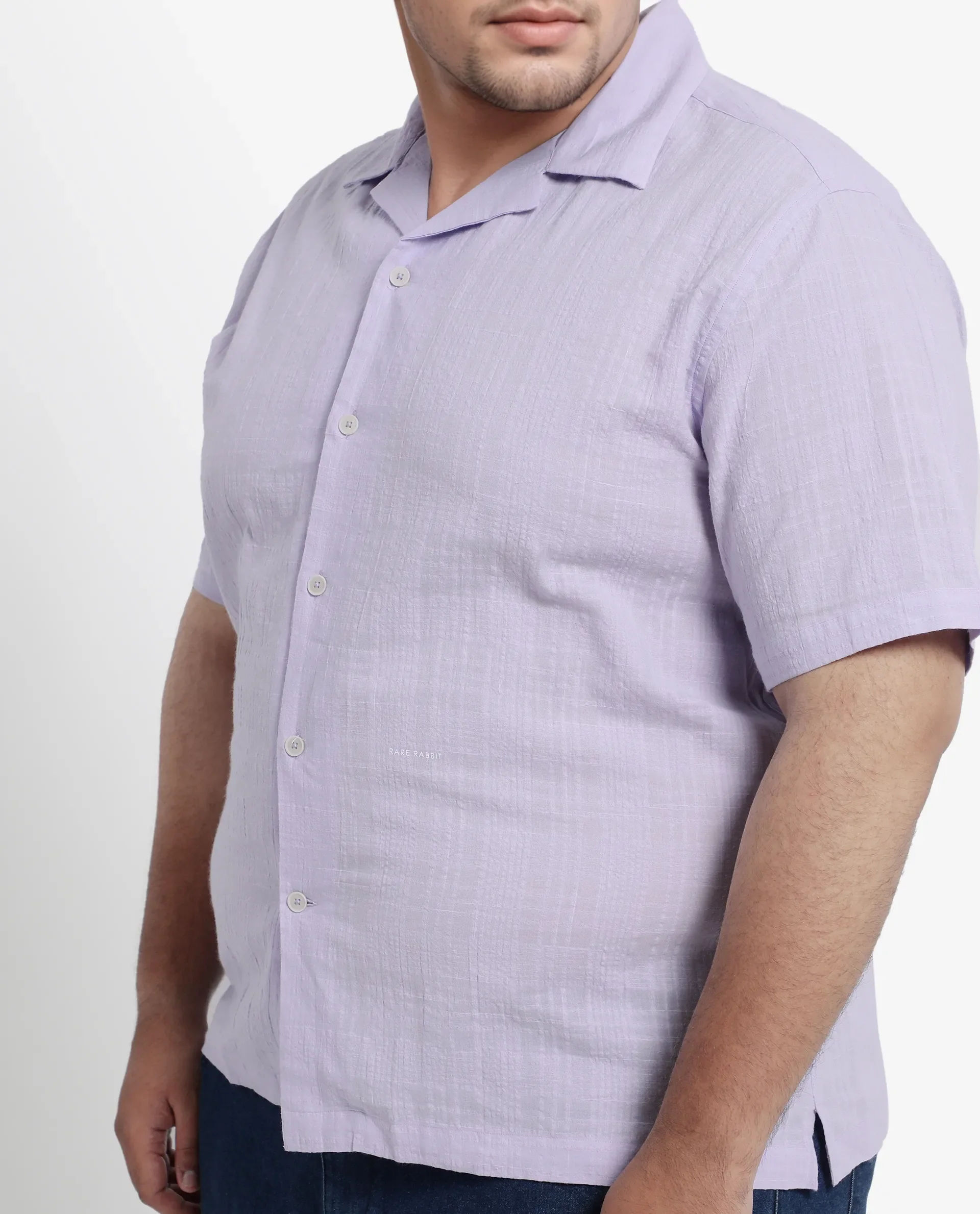 Rare Rabbit Men's Dara-L Pastel Purple Cotton Fabric Half Sleeve Cuban Collar Button Closure Boxy Fit Checked Shirt - Image 3