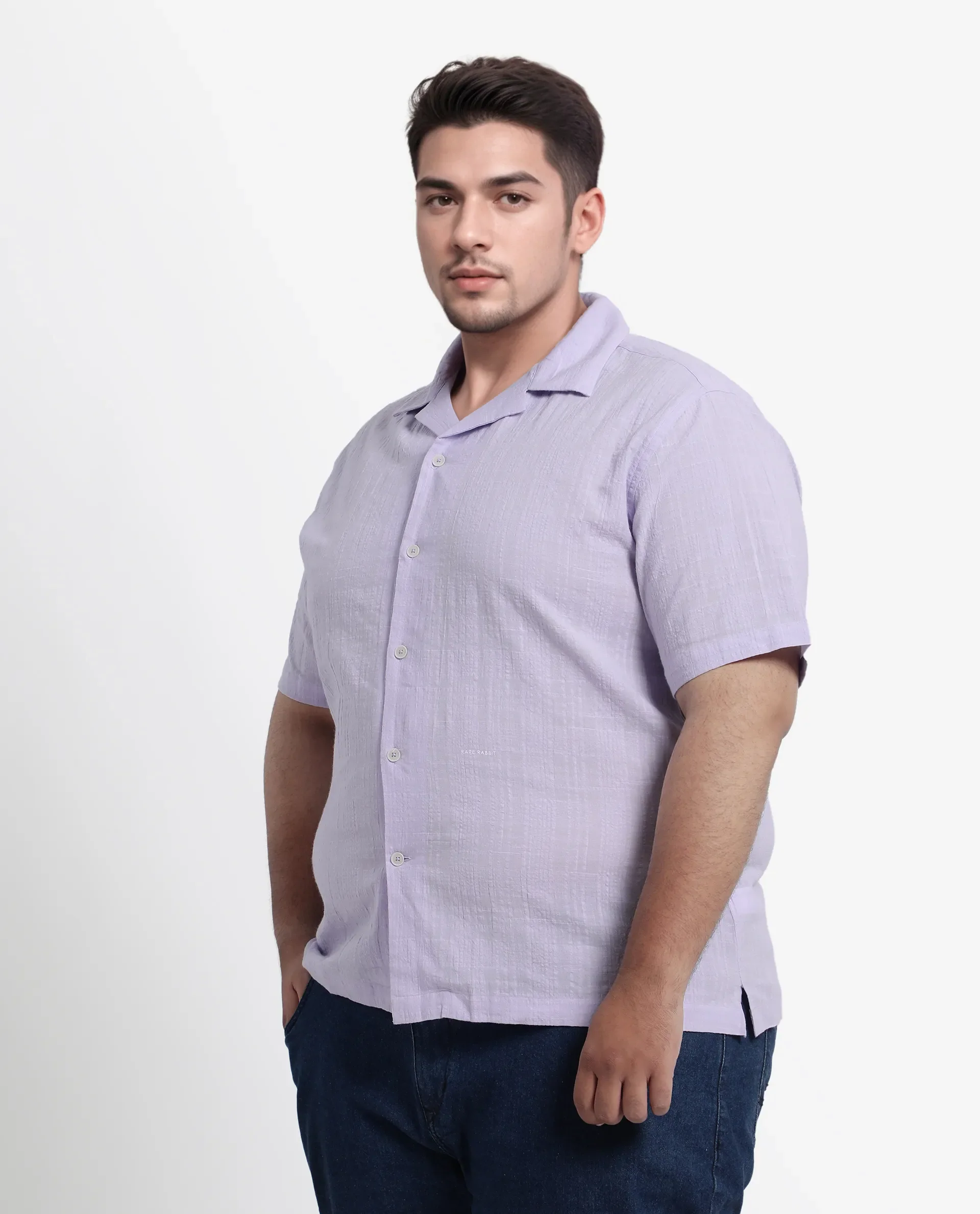 Rare Rabbit Men's Dara-L Pastel Purple Cotton Fabric Half Sleeve Cuban Collar Button Closure Boxy Fit Checked Shirt - Image 4