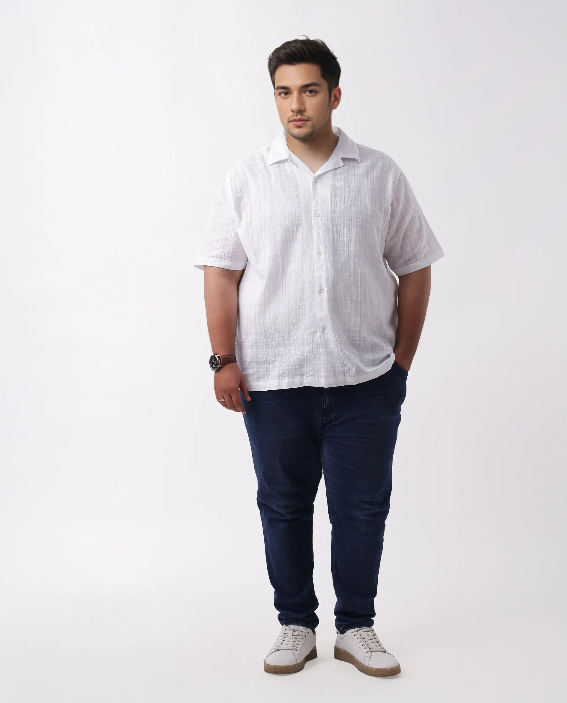 Rare Rabbit Men's Dara-L White Cotton Checked Print Plus Size Half Sleeve Cuban Collar Shirt - Image 2