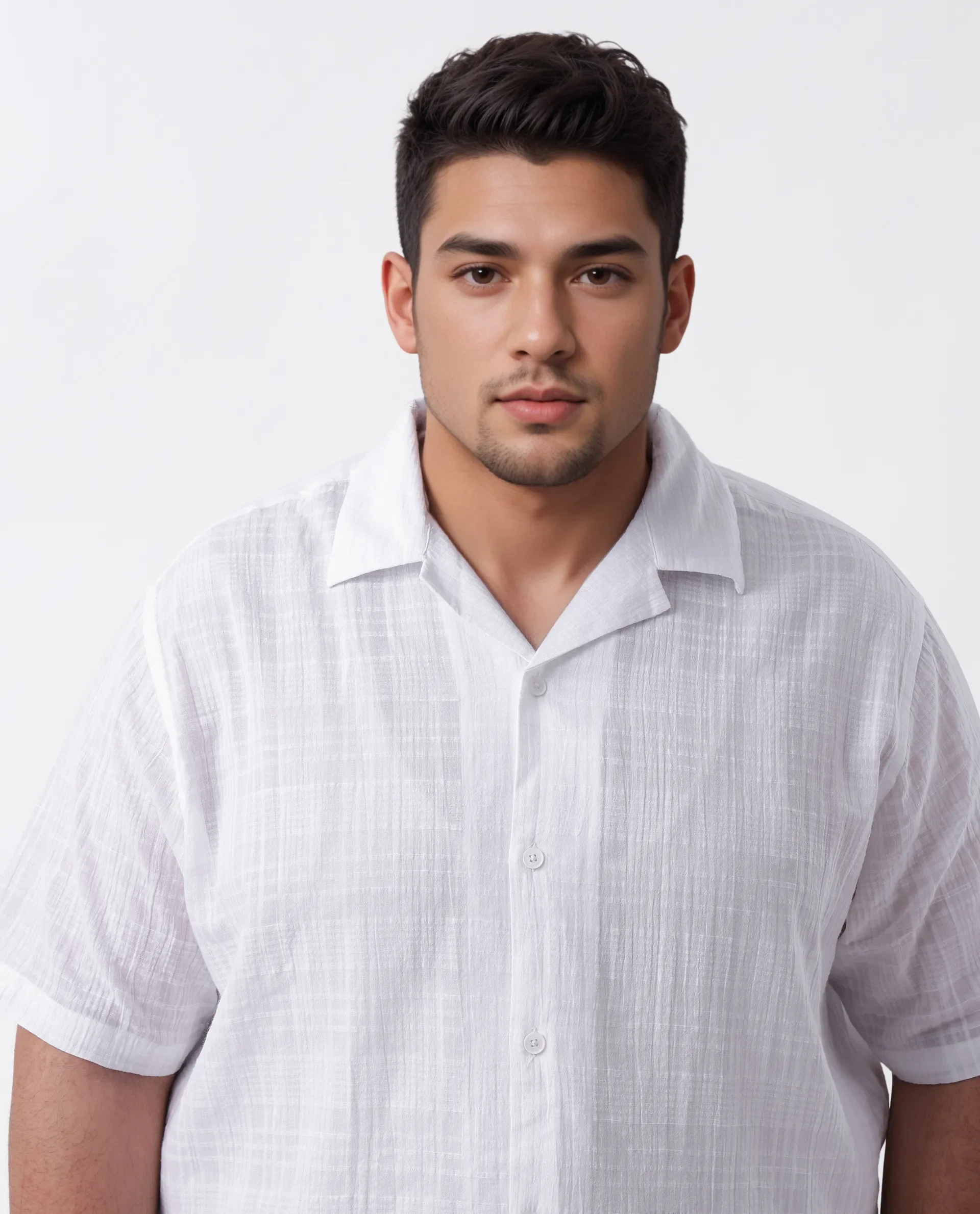 Rare Rabbit Men's Dara-L White Cotton Checked Print Plus Size Half Sleeve Cuban Collar Shirt - Image 3
