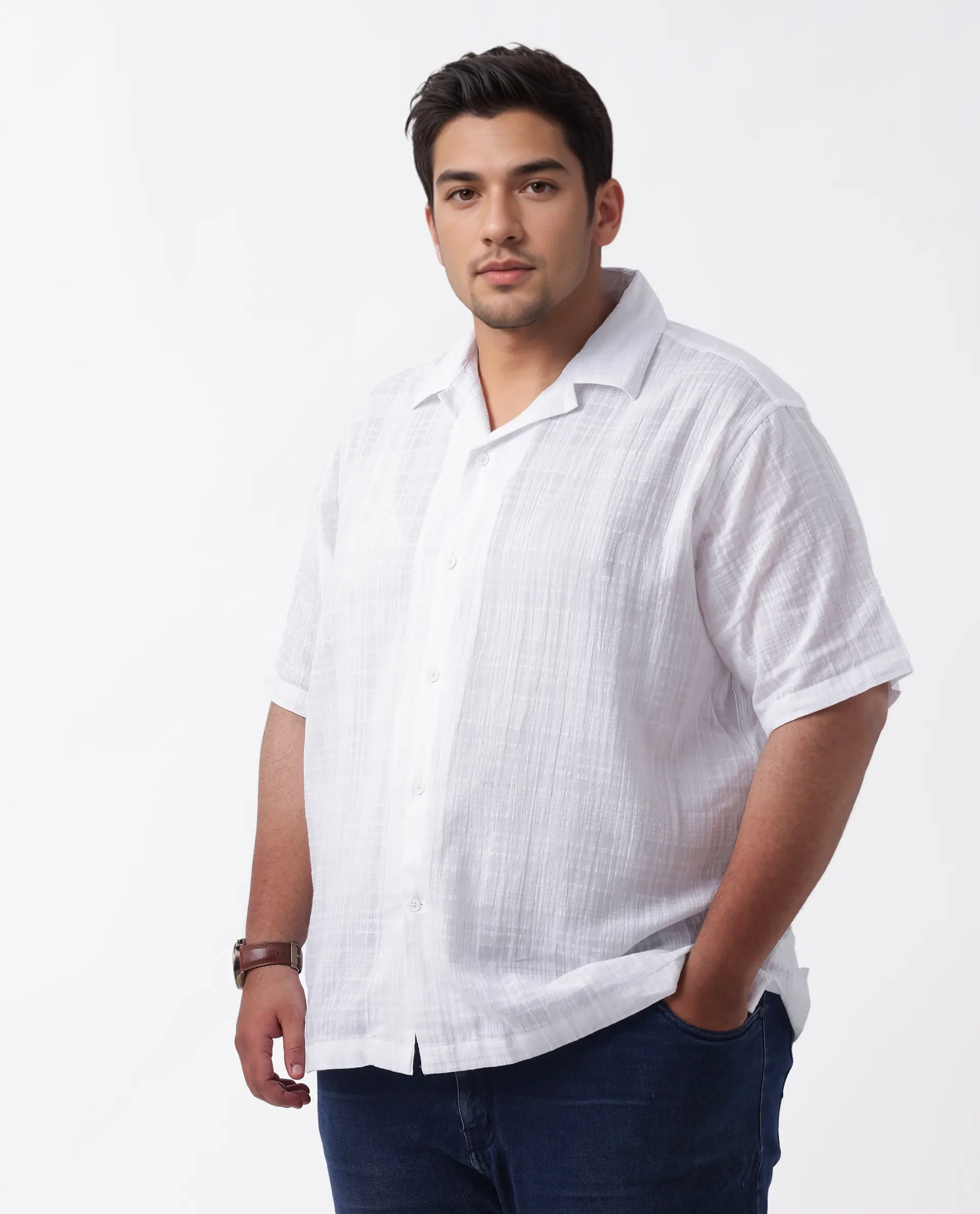 Rare Rabbit Men's Dara-L White Cotton Checked Print Plus Size Half Sleeve Cuban Collar Shirt - Image 4