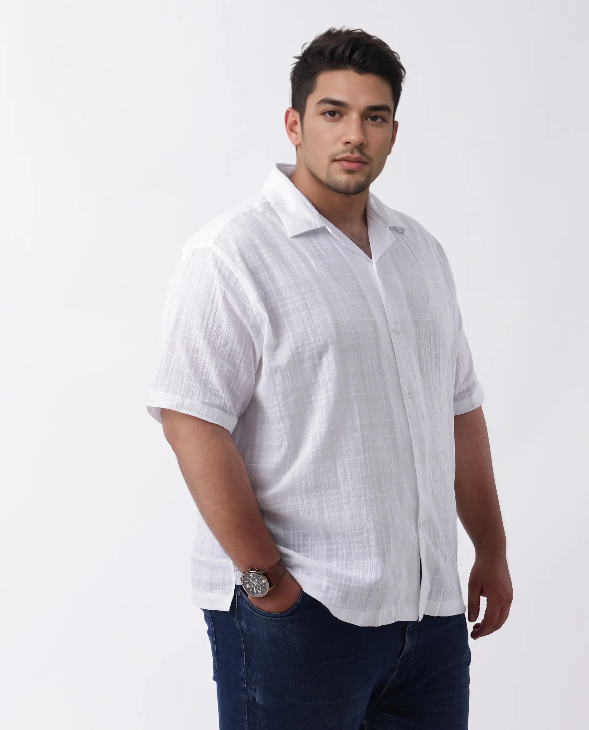 Rare Rabbit Men's Dara-L White Cotton Checked Print Plus Size Half Sleeve Cuban Collar Shirt - Image 5