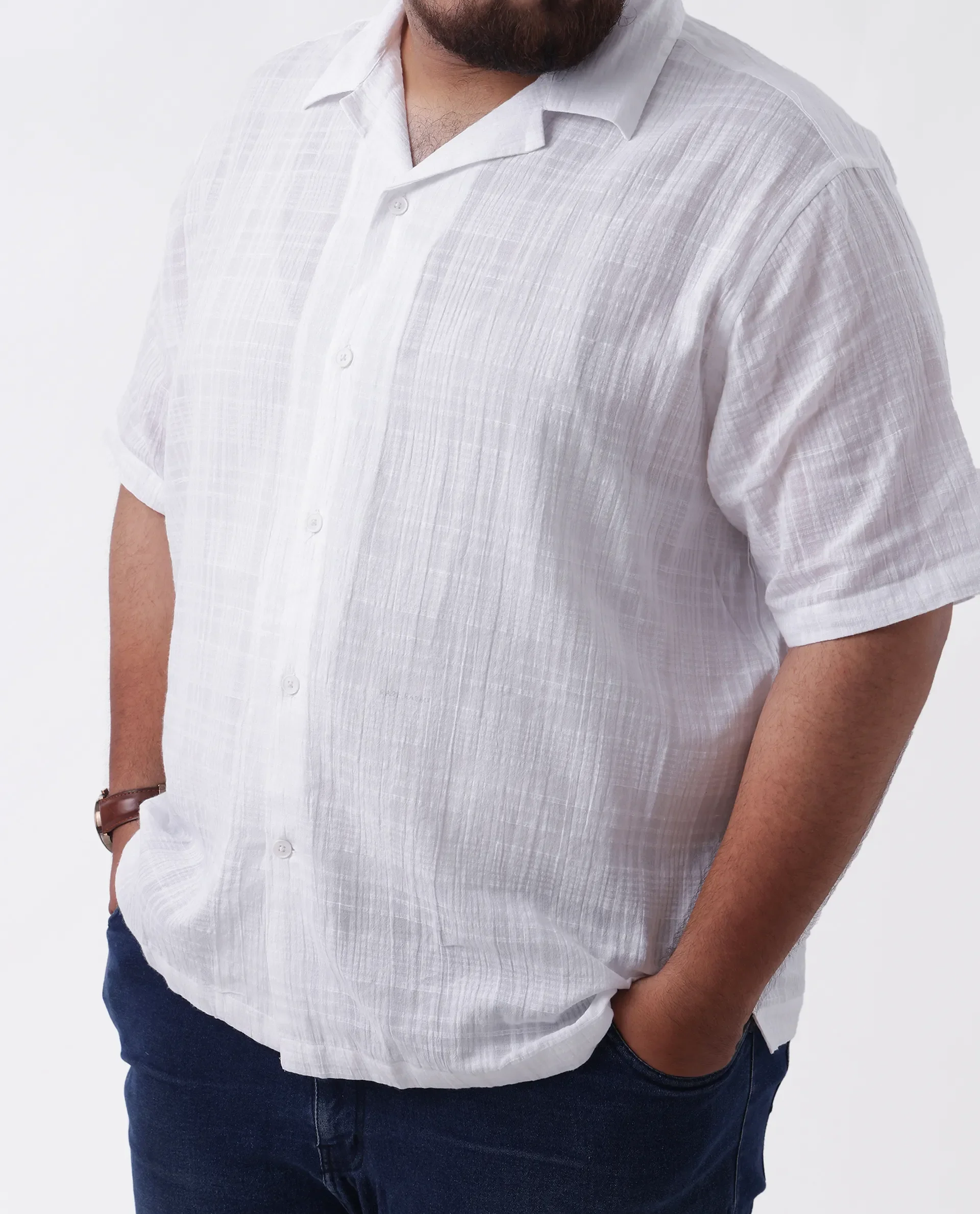 Rare Rabbit Men's Dara-L White Cotton Checked Print Plus Size Half Sleeve Cuban Collar Shirt - Image 6
