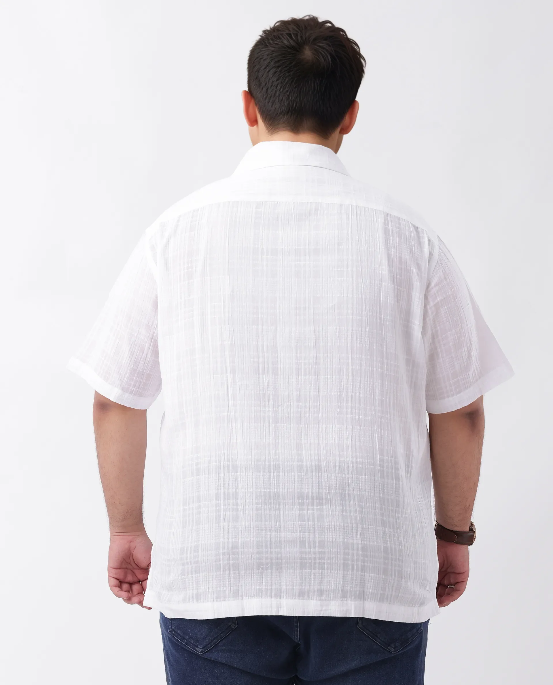 Rare Rabbit Men's Dara-L White Cotton Checked Print Plus Size Half Sleeve Cuban Collar Shirt - Image 7
