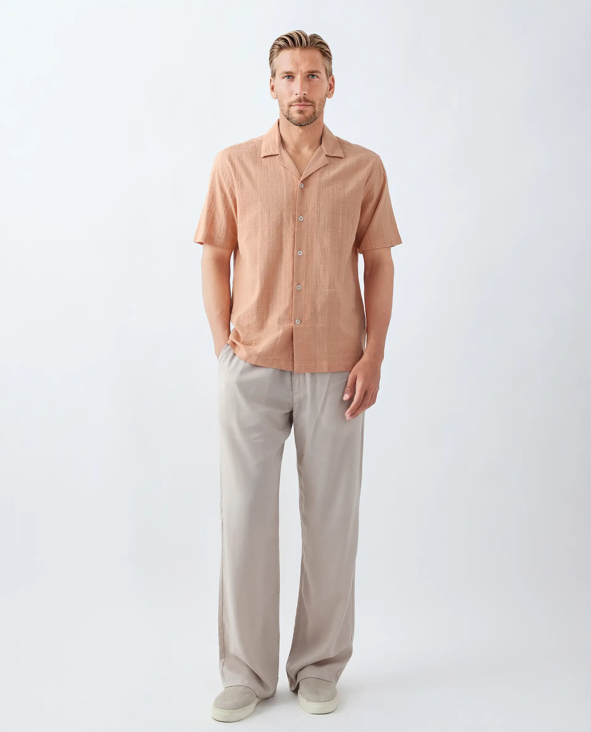Rare Rabbit Men's Dara Dusky Peach Cotton Checked Print Boxy Fit Half Sleeve Cuban Collar Shirt - Image 2