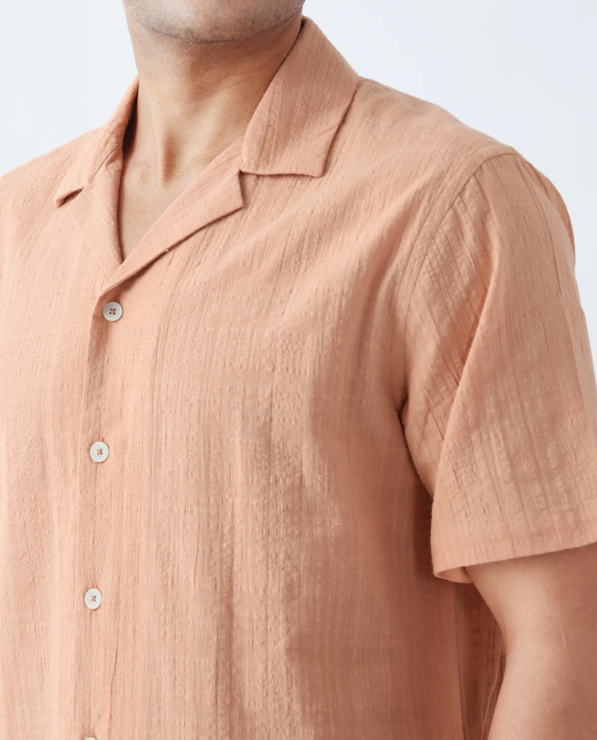 Rare Rabbit Men's Dara Dusky Peach Cotton Checked Print Boxy Fit Half Sleeve Cuban Collar Shirt - Image 3