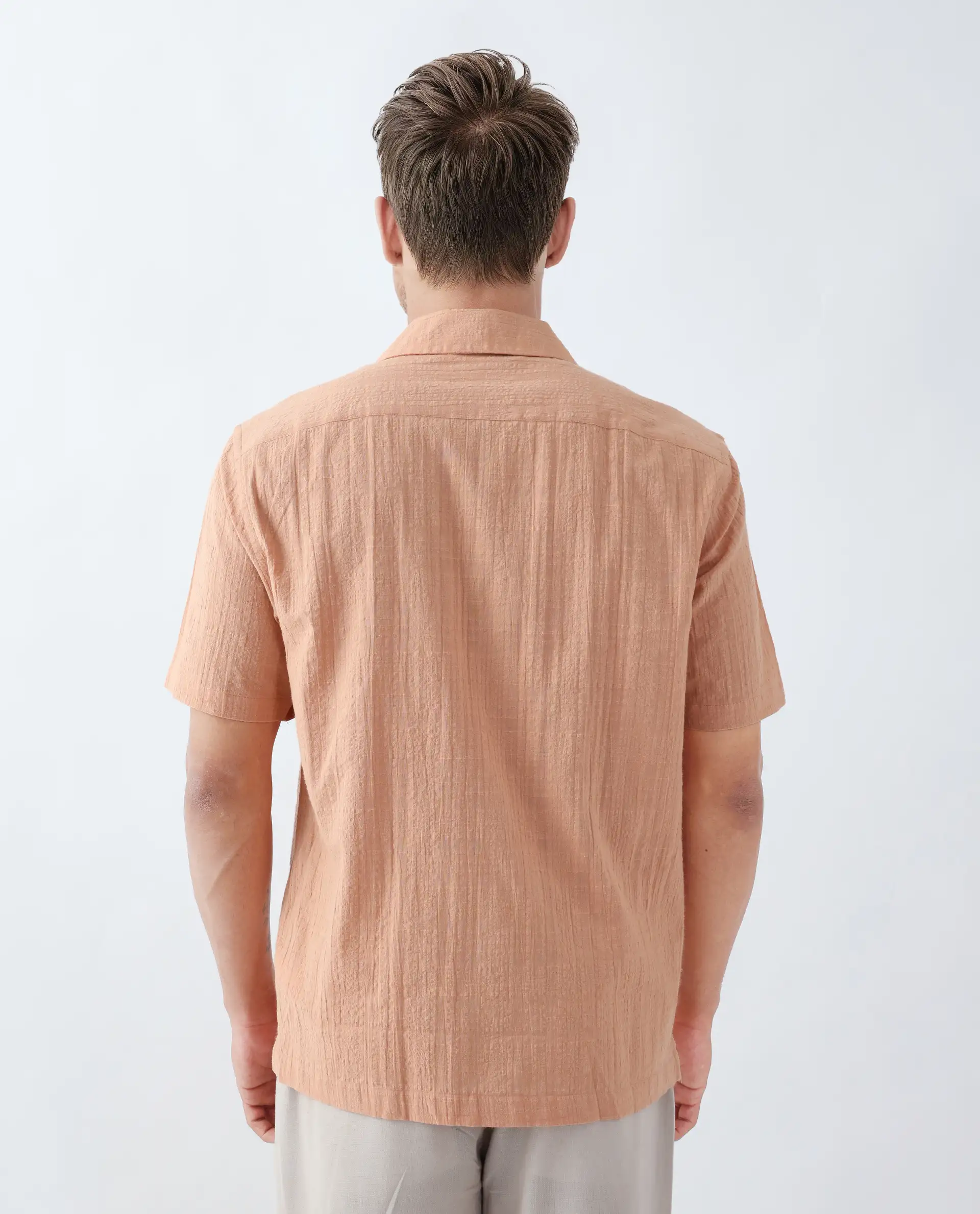 Rare Rabbit Men's Dara Dusky Peach Cotton Checked Print Boxy Fit Half Sleeve Cuban Collar Shirt - Image 4