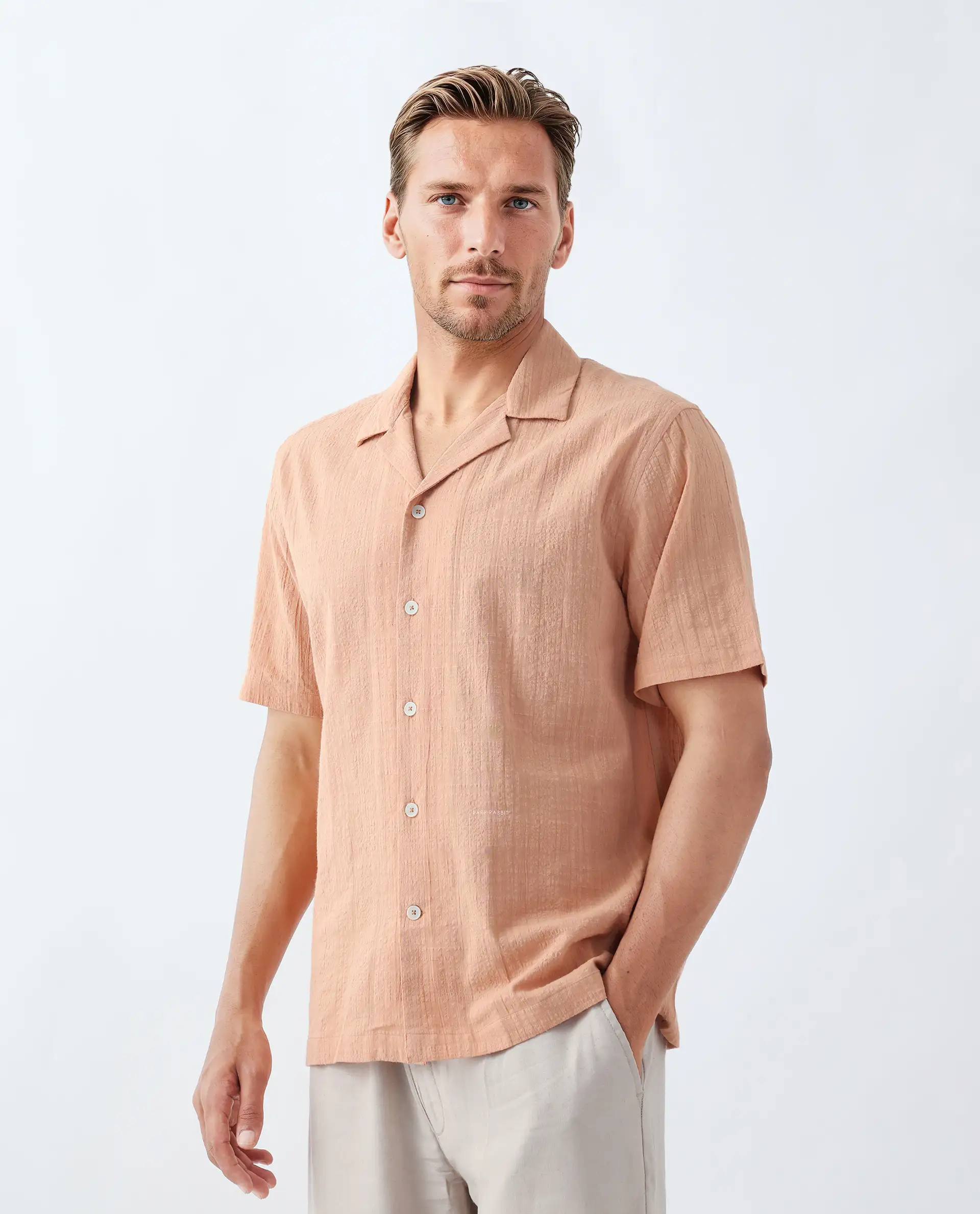 Rare Rabbit Men's Dara Dusky Peach Cotton Checked Print Boxy Fit Half Sleeve Cuban Collar Shirt - Image 5