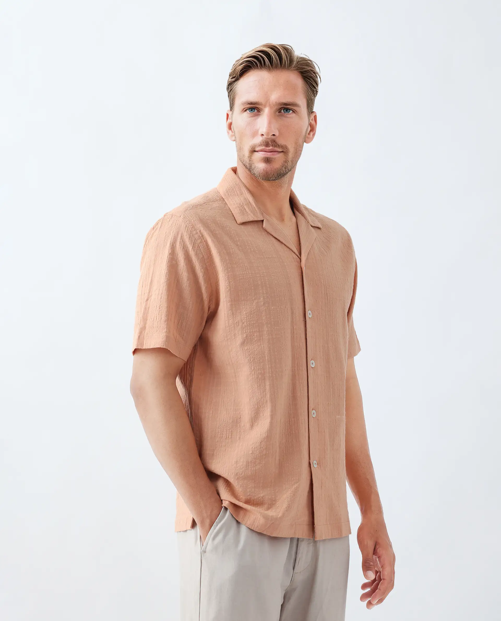 Rare Rabbit Men's Dara Dusky Peach Cotton Checked Print Boxy Fit Half Sleeve Cuban Collar Shirt - Image 6