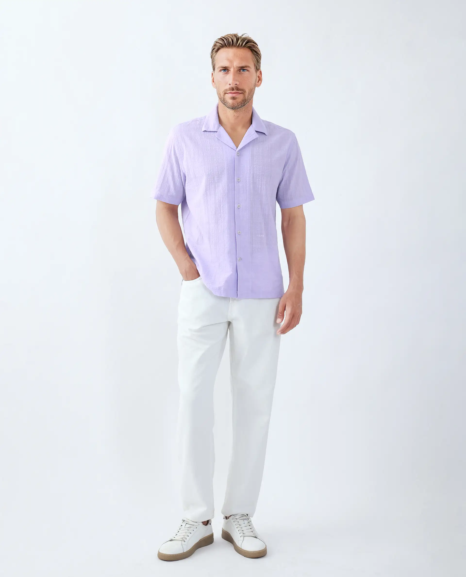 Rare Rabbit Men's Dara Pastel Purple Cotton Checked Print Boxy Fit Half Sleeve Cuban Collar Shirt - Image 2