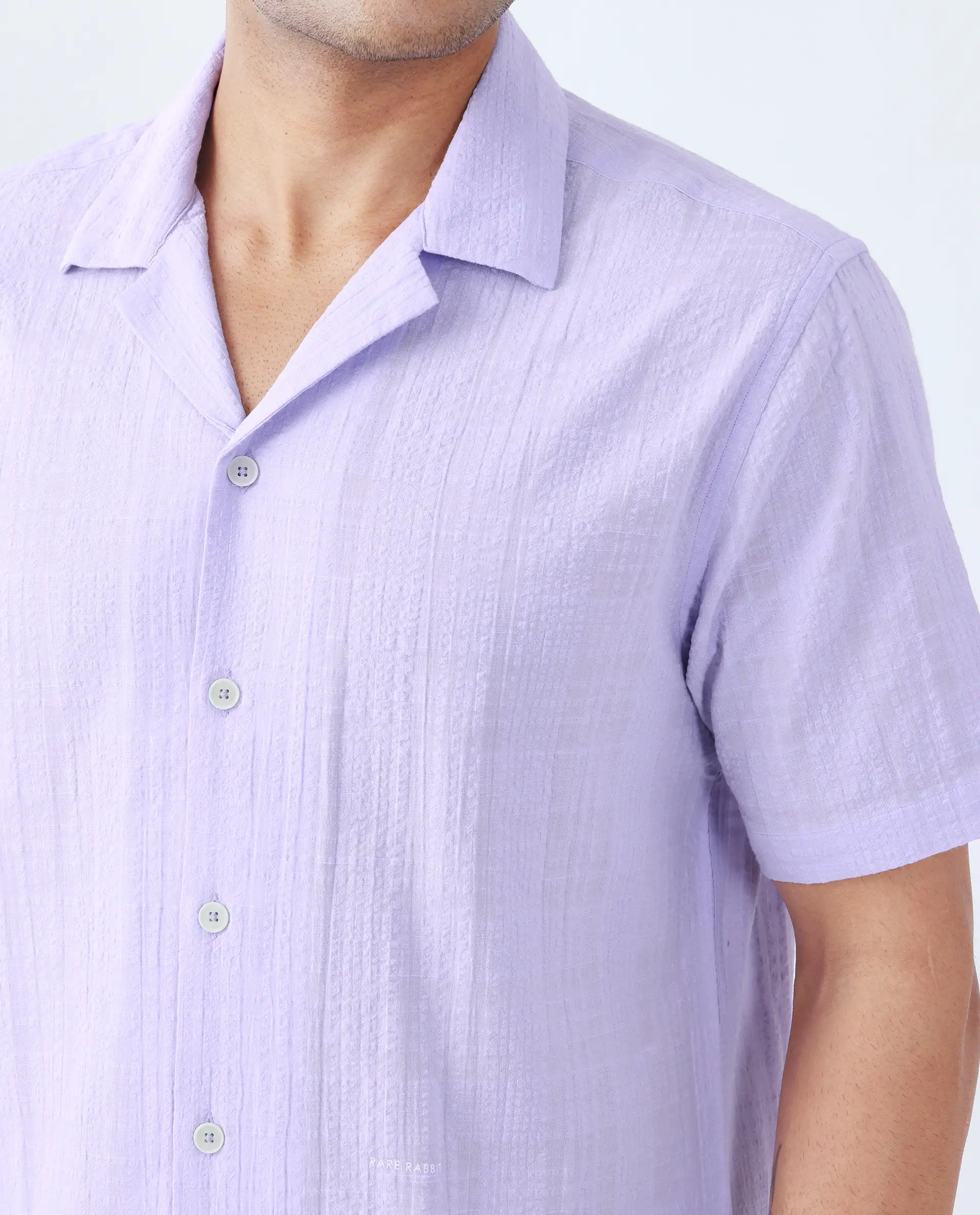Rare Rabbit Men's Dara Pastel Purple Cotton Checked Print Boxy Fit Half Sleeve Cuban Collar Shirt - Image 3