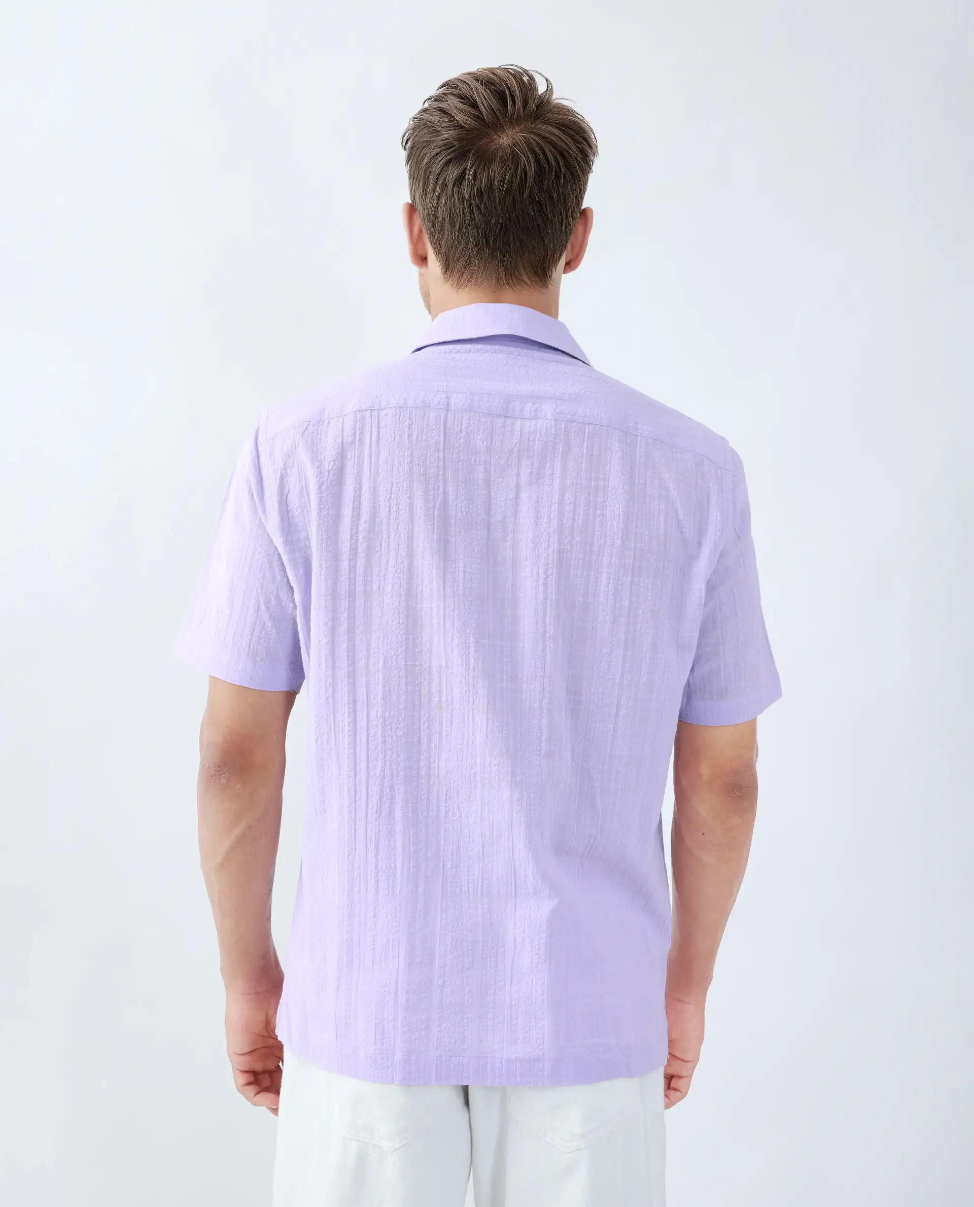 Rare Rabbit Men's Dara Pastel Purple Cotton Checked Print Boxy Fit Half Sleeve Cuban Collar Shirt - Image 4