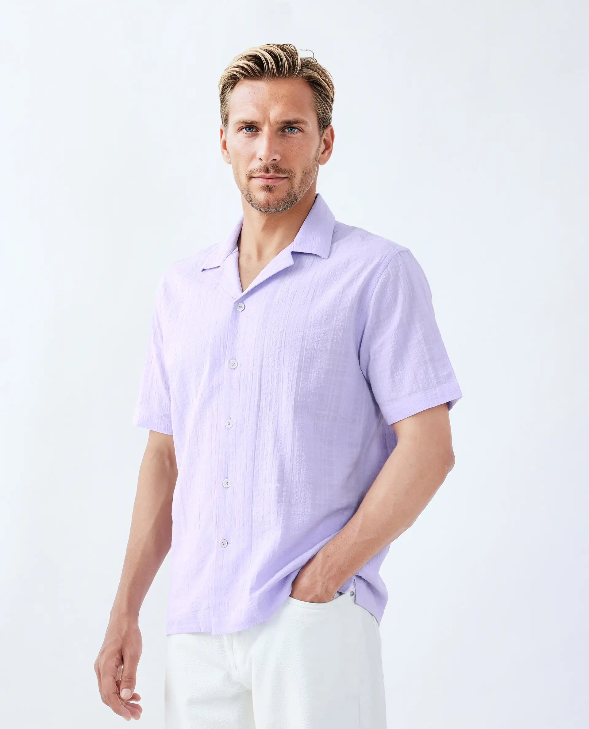 Rare Rabbit Men's Dara Pastel Purple Cotton Checked Print Boxy Fit Half Sleeve Cuban Collar Shirt - Image 5
