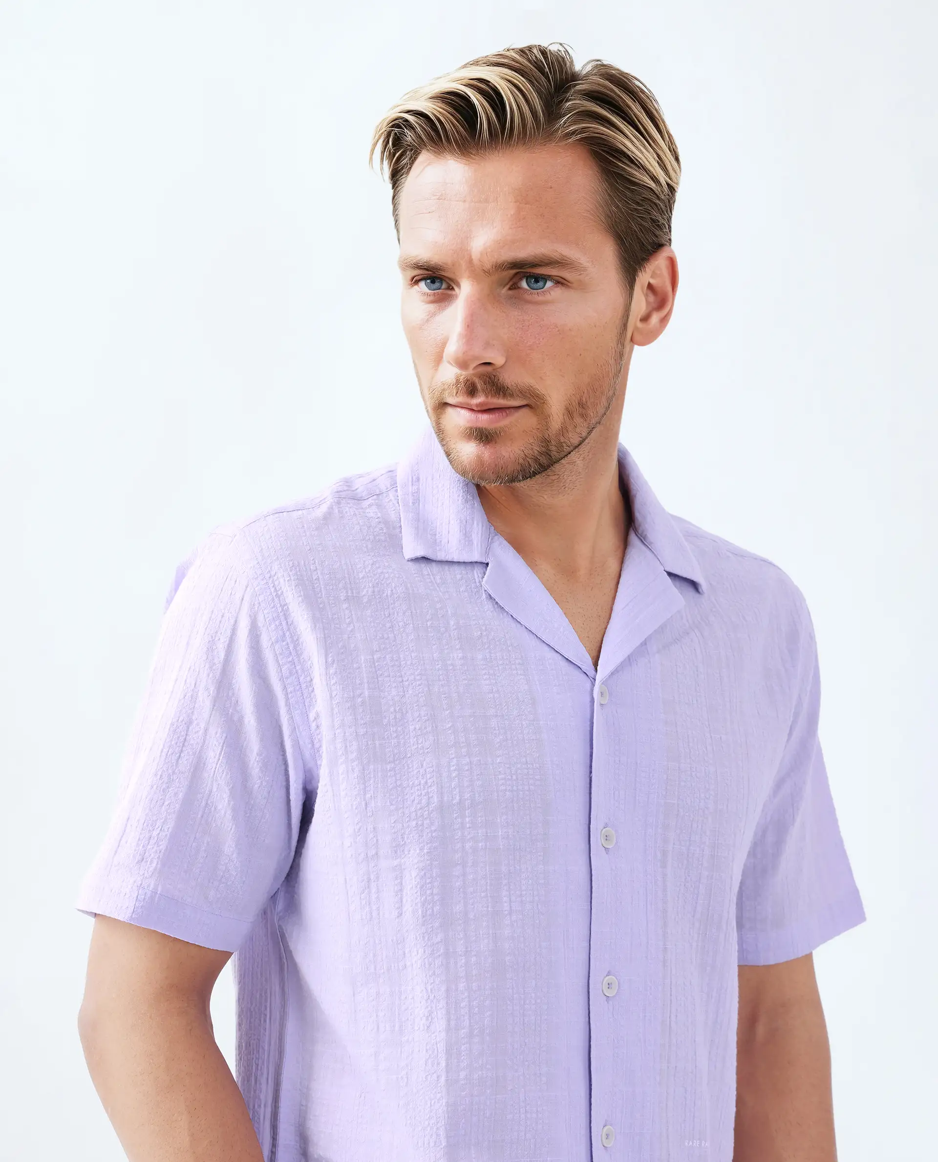 Rare Rabbit Men's Dara Pastel Purple Cotton Checked Print Boxy Fit Half Sleeve Cuban Collar Shirt - Image 8